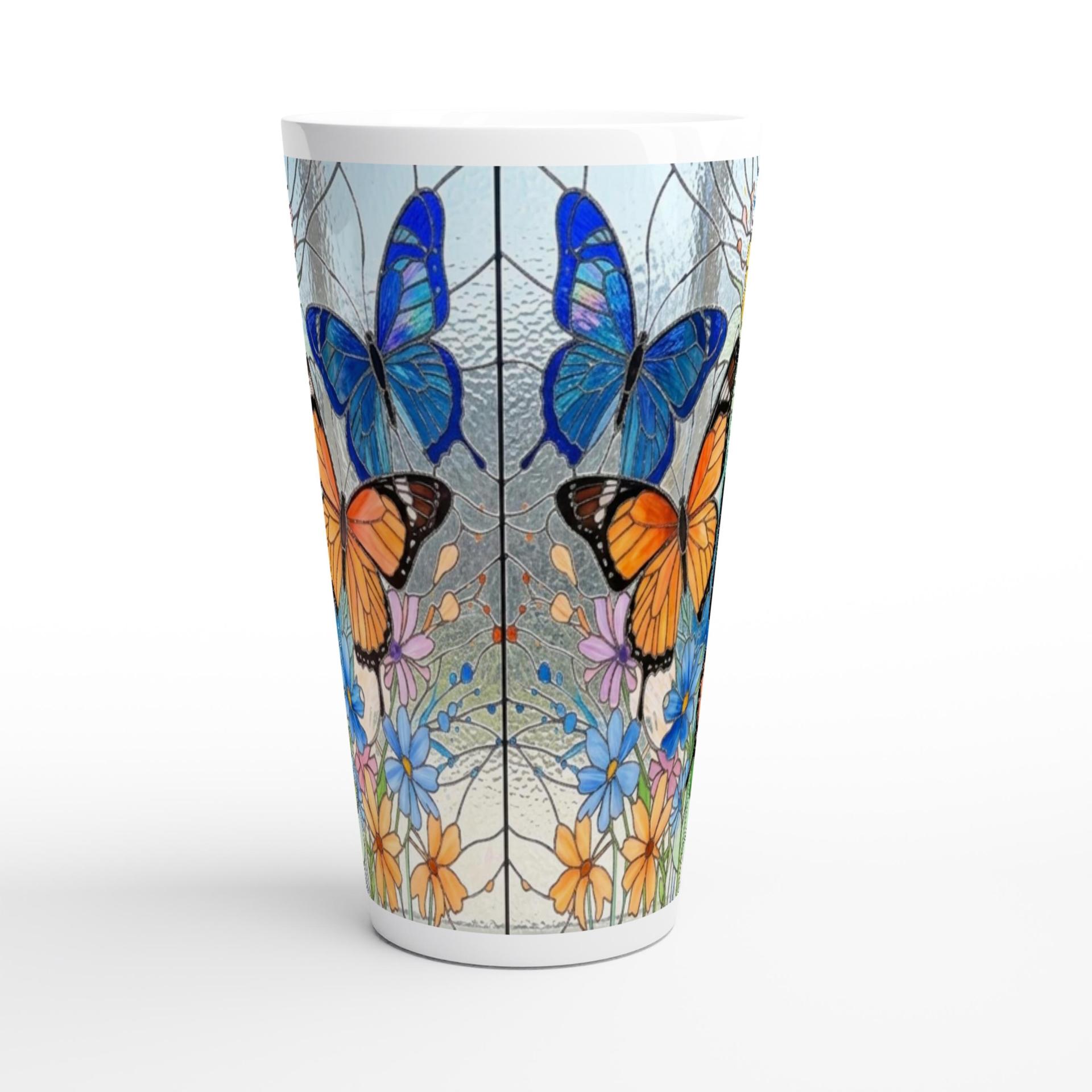 Set of 3 Cups, Butterfly, 17oz Latte Ceramic Mugs Set - Extra Tall Cup Set
