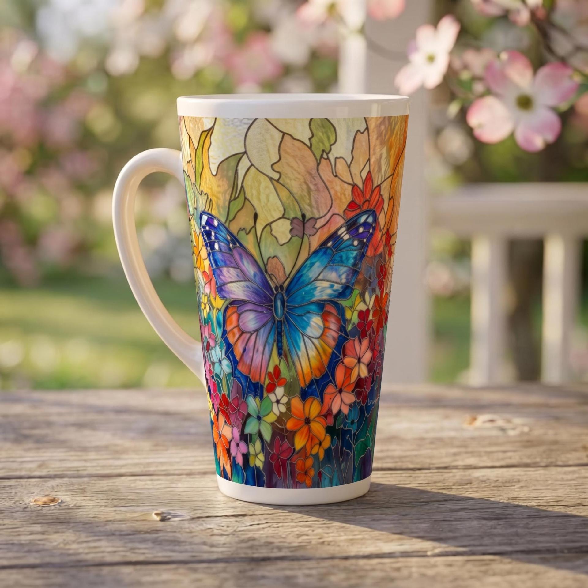 Set of 3 Cups, Butterfly, 17oz Latte Ceramic Mugs Set - Extra Tall Cup Set