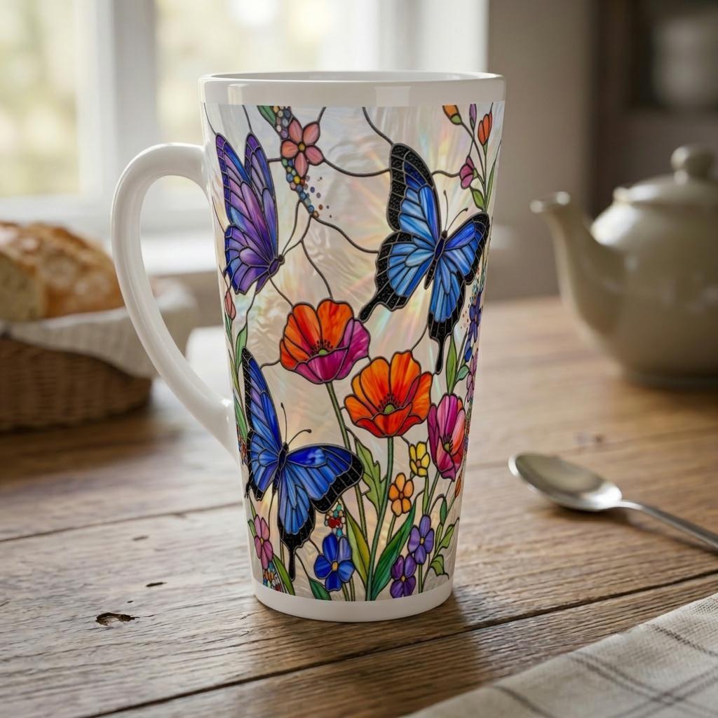 Set of 3 Cups, Butterfly, 17oz Latte Ceramic Mugs Set - Extra Tall Cup Set
