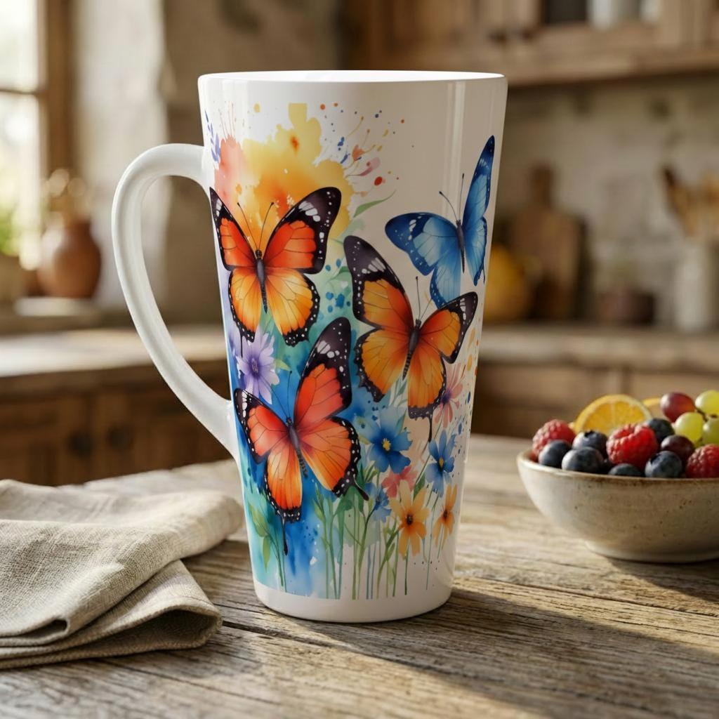 Set of 3 Cups, Butterfly, 17oz Latte Ceramic Mugs Set - Extra Tall Cup Set