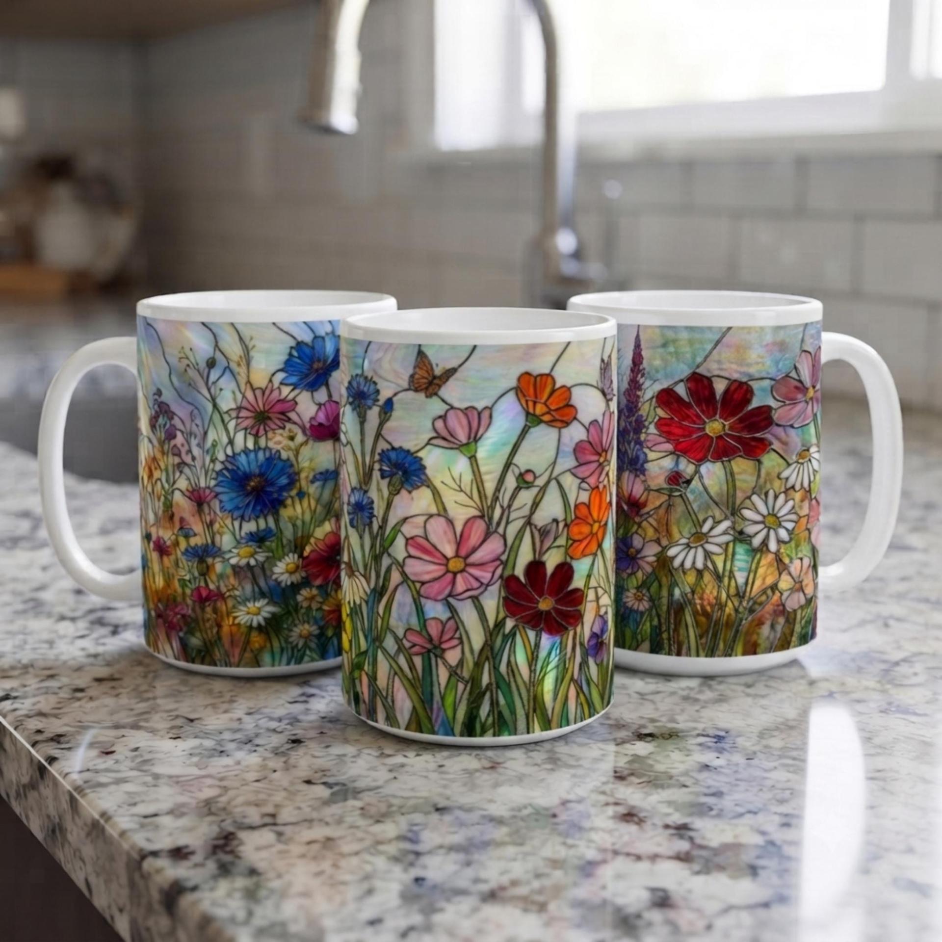 Set of Big Mugs, Floral Cup Set, Large 15 oz Matching Cups