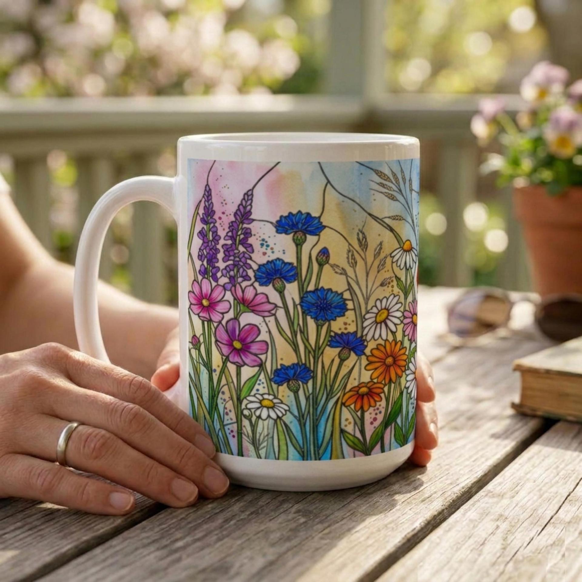 Set of Big Mugs, Floral Cup Set, Large 15 oz Matching Cups