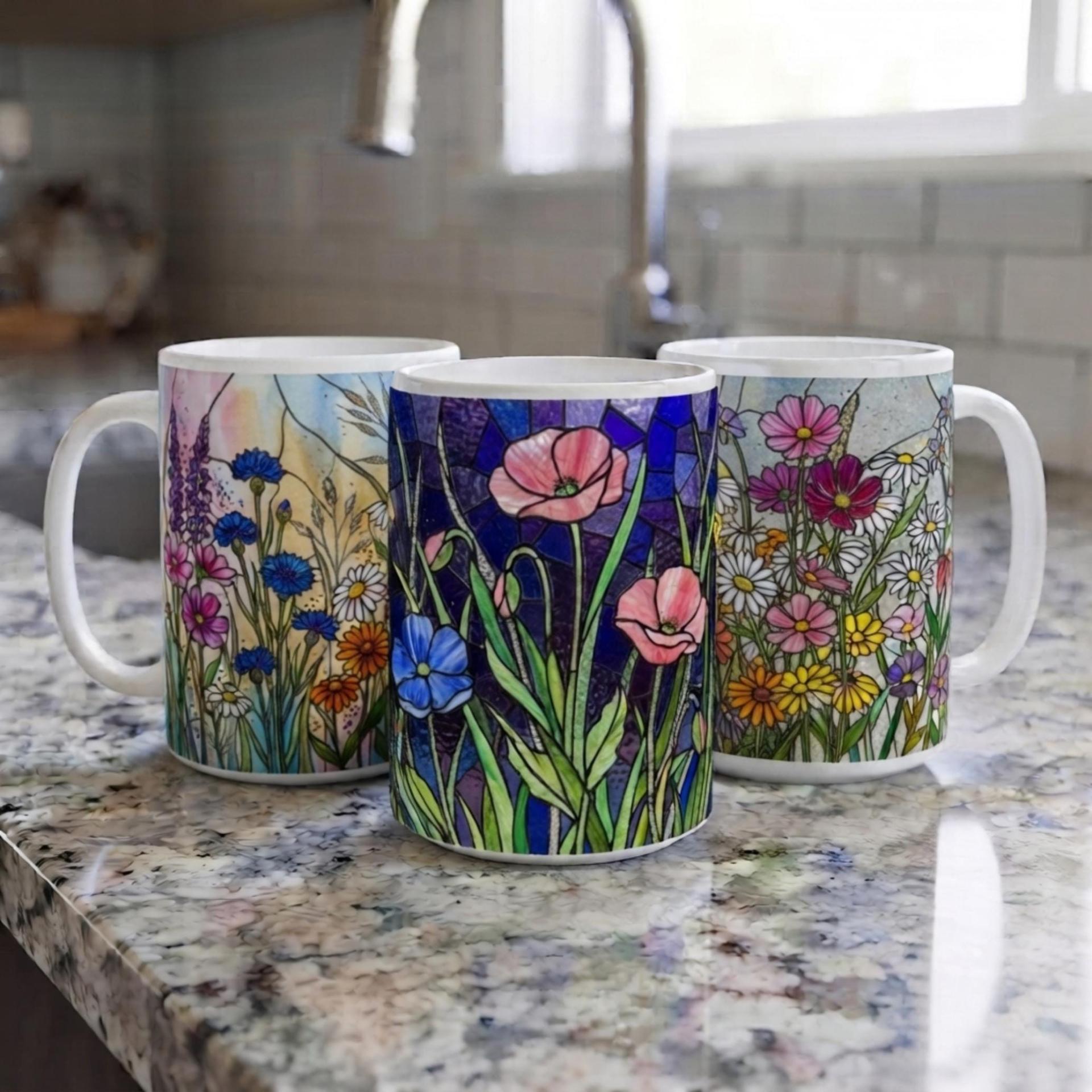 Set of Big Mugs, Floral Cup Set, Large 15 oz Matching Cups