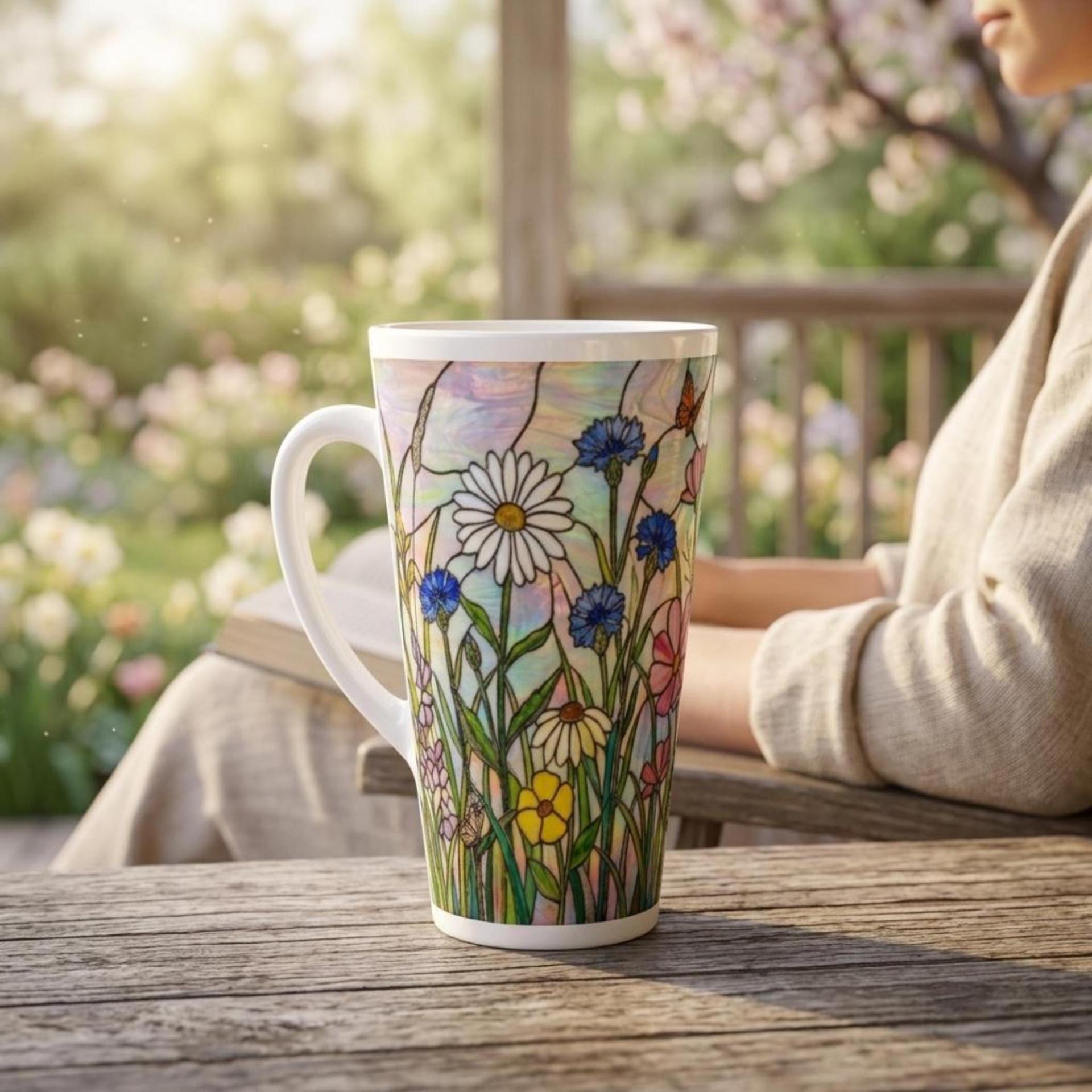 Set of 3 Cups, Floral, Large 17oz Latte Ceramic Mugs - Extra Tall Cup Set