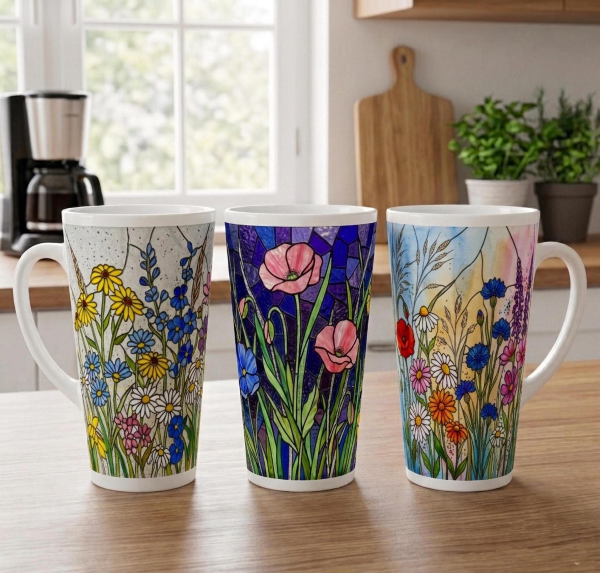 Set of 3 Cups, Floral, Large 17oz Latte Ceramic Mugs - Extra Tall Cup Set
