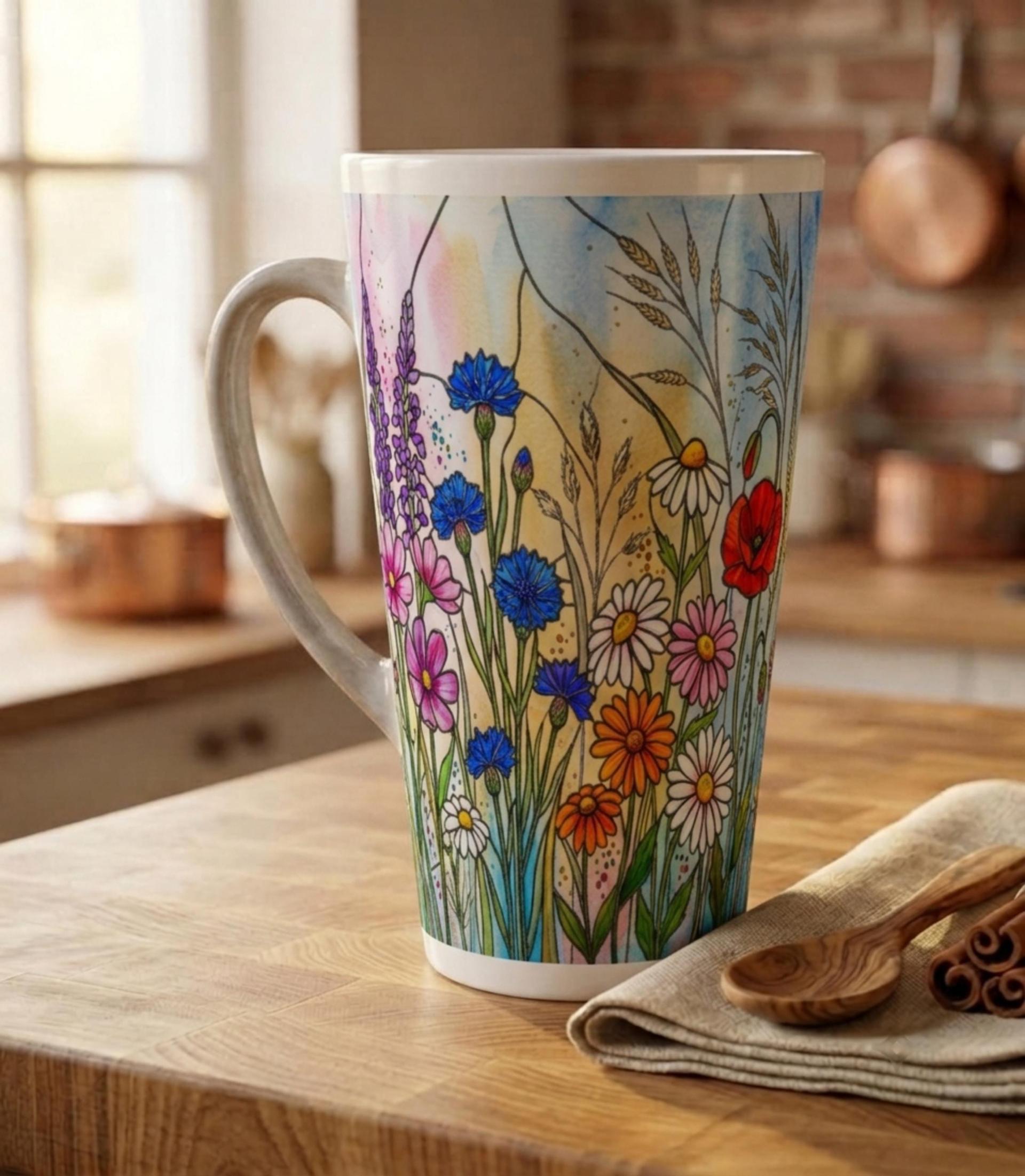 Set of 3 Cups, Floral, Large 17oz Latte Ceramic Mugs - Extra Tall Cup Set