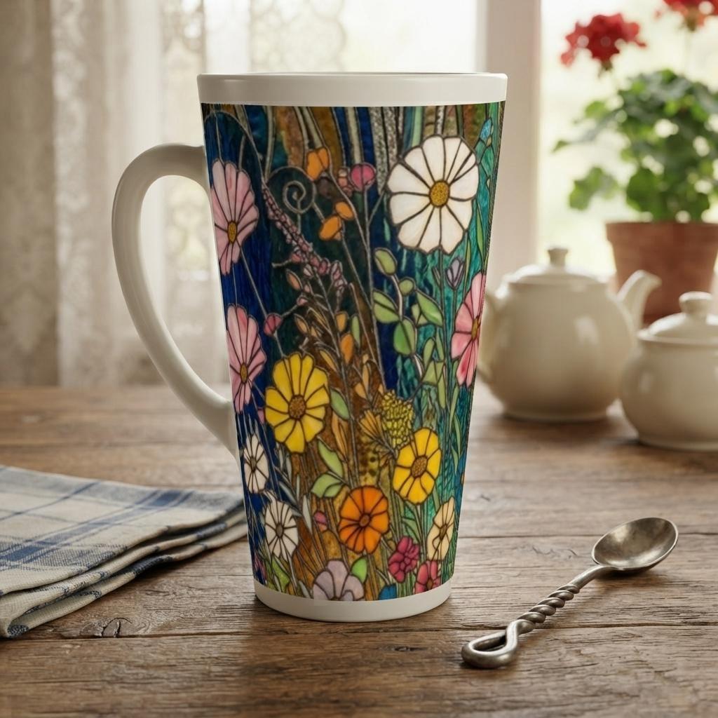 Set of 3 Cups, Floral, Large 17oz Latte Ceramic Mugs - Extra Tall Cup Set