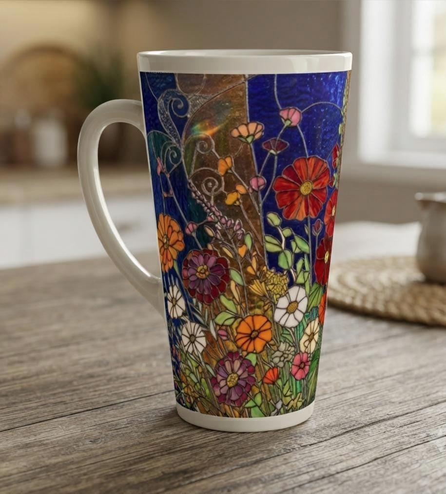 Set of 3 Cups, Floral, Large 17oz Latte Ceramic Mugs - Extra Tall Cup Set