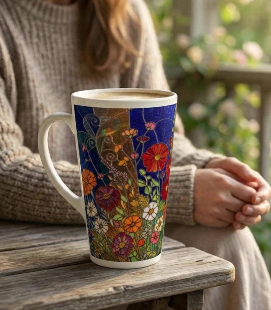 Set of 3 Cups, Floral, Large 17oz Latte Ceramic Mugs - Extra Tall Cup Set