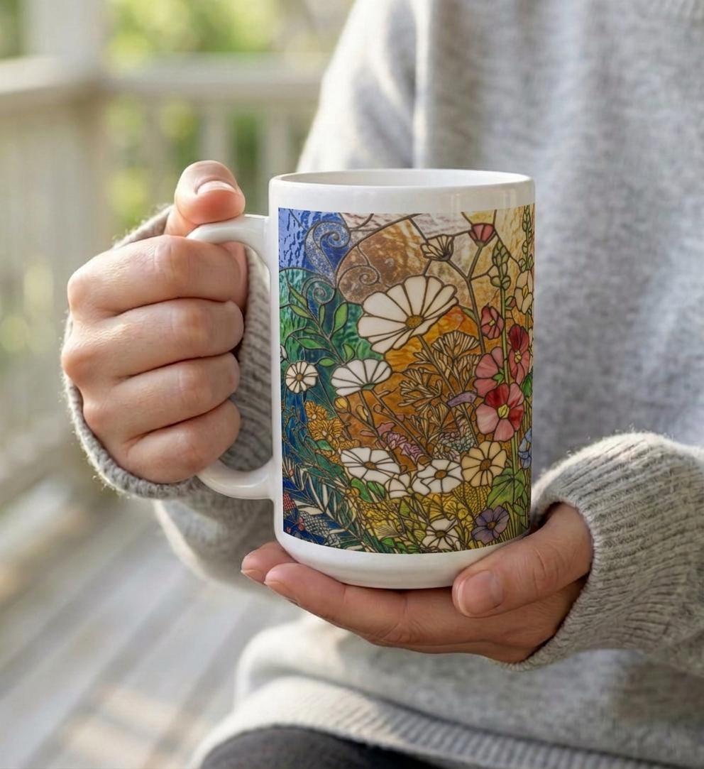 Set of Big Mugs, Floral Cup Set, Large 15 oz Matching Cups