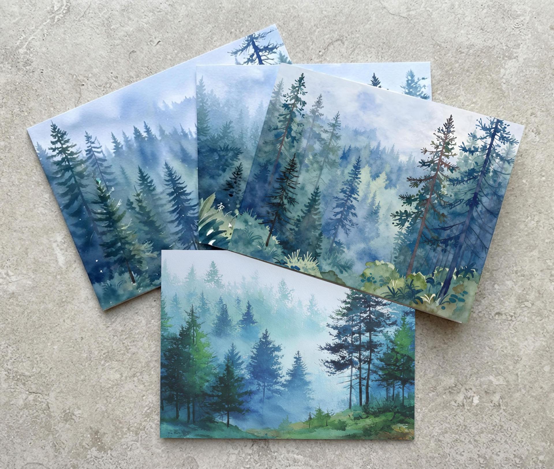 Forest Greeting Cards, Set of 4, Botanical Art, Blank Gift Cards