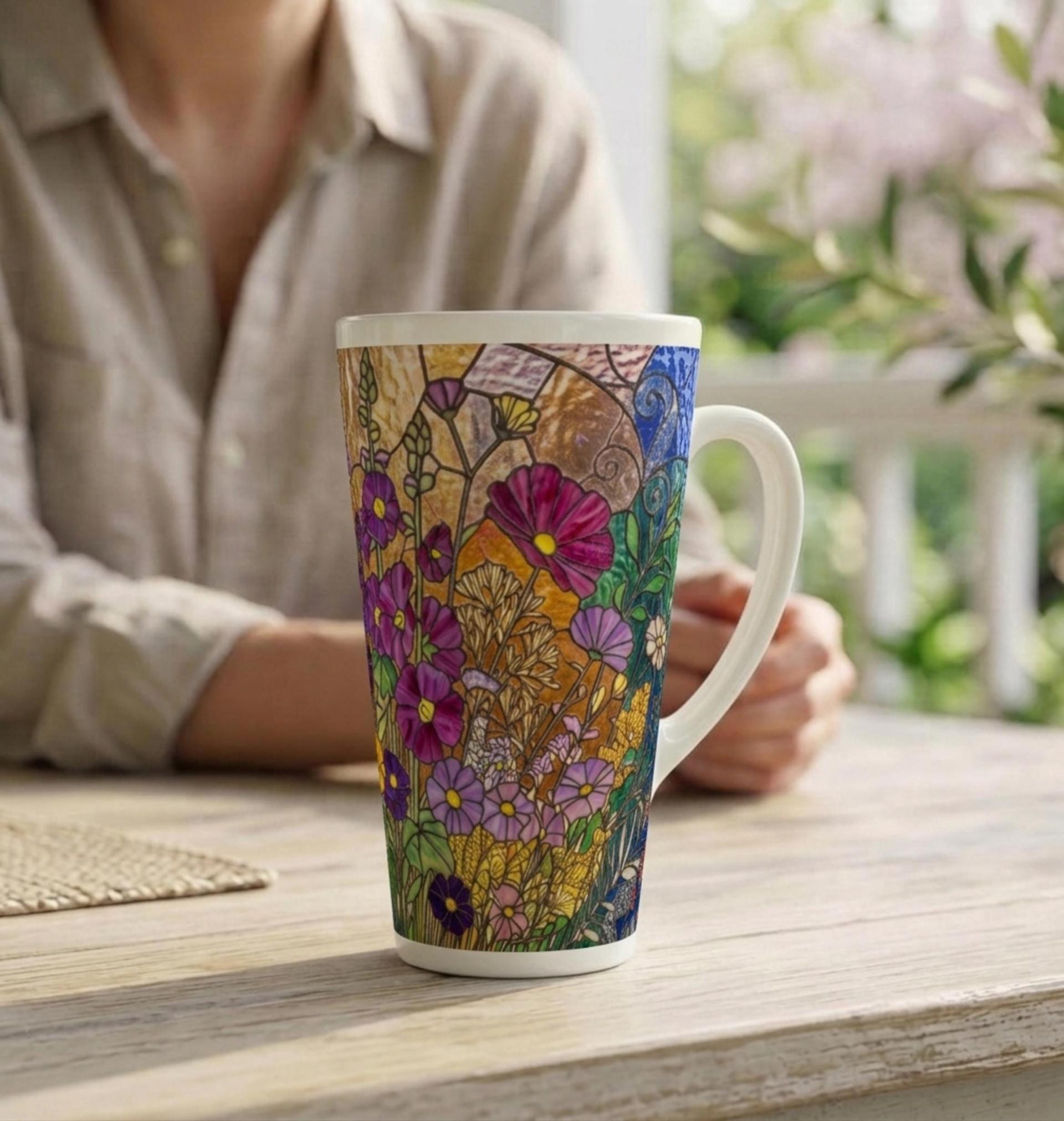 Set of 3 Cups, Floral, Large 17oz Latte Ceramic Mugs - Extra Tall Cup Set