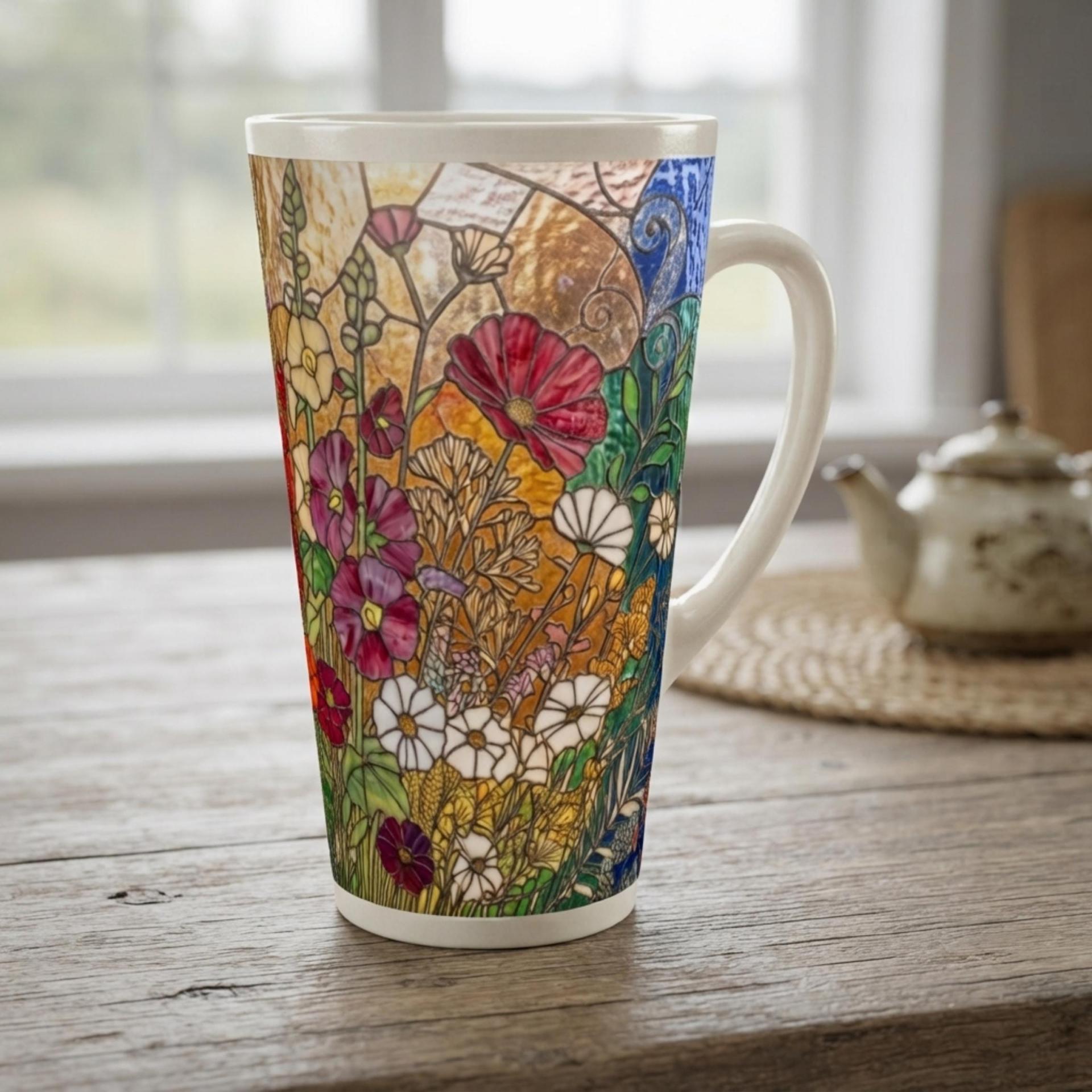 Set of 3 Cups, Floral, Large 17oz Latte Ceramic Mugs - Extra Tall Cup Set