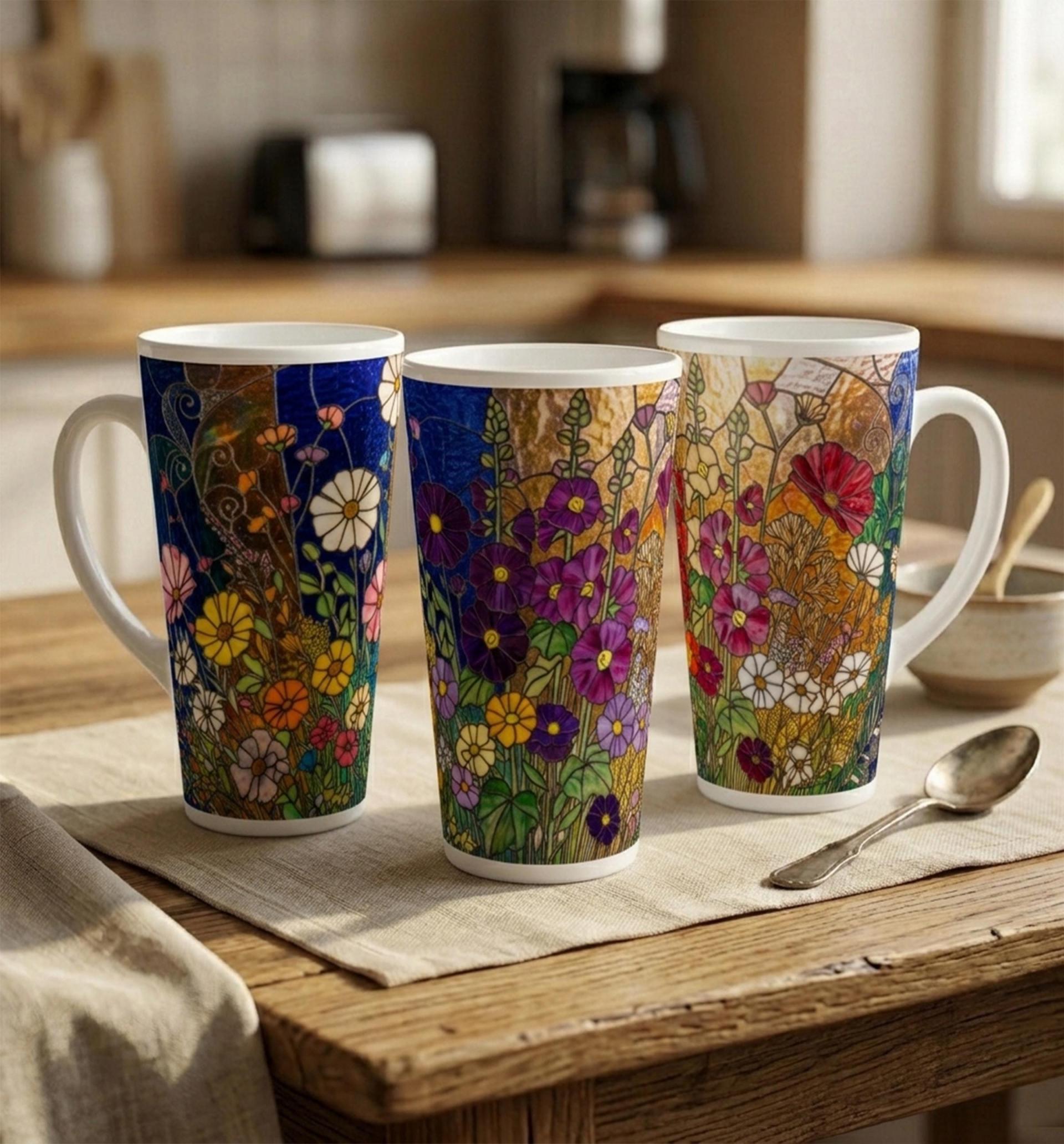 Set of 3 Cups, Floral, Large 17oz Latte Ceramic Mugs - Extra Tall Cup Set