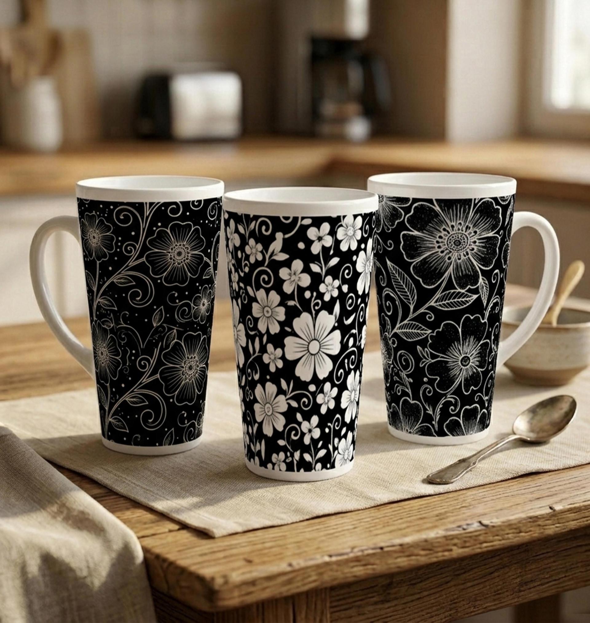 Set of 3 Cups, Floral, Large 17oz Latte Ceramic Mugs - Extra Tall Cup Set