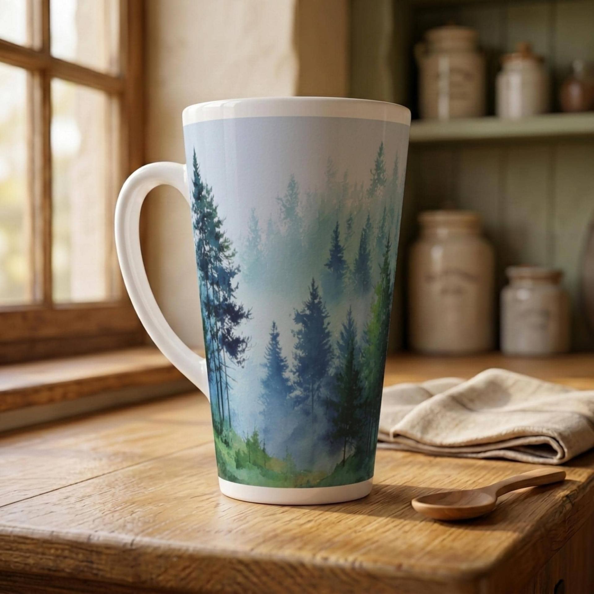 Set of 4 Cups, Forest, Large 17oz Latte Ceramic Mugs - Extra Tall Cup Set