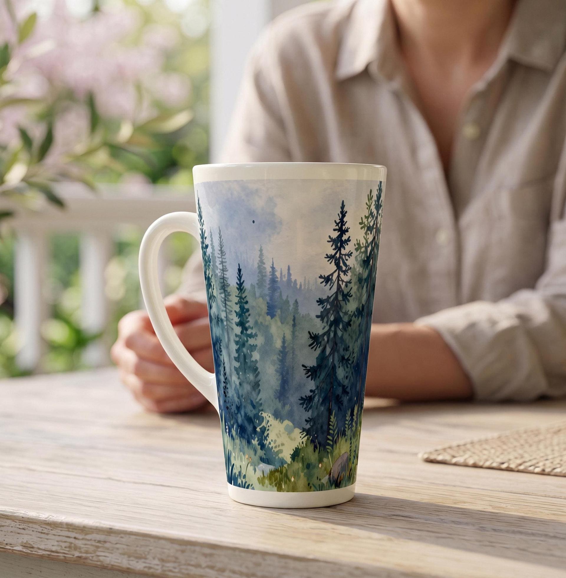 Set of 4 Cups, Forest, Large 17oz Latte Ceramic Mugs - Extra Tall Cup Set