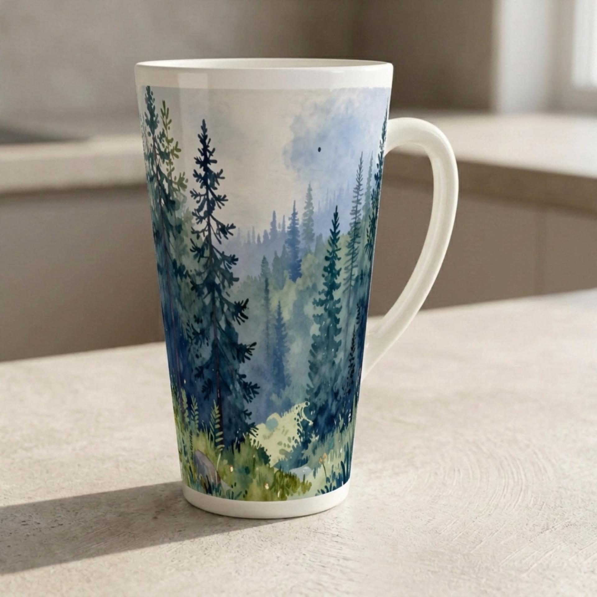 Set of 4 Cups, Forest, Large 17oz Latte Ceramic Mugs - Extra Tall Cup Set