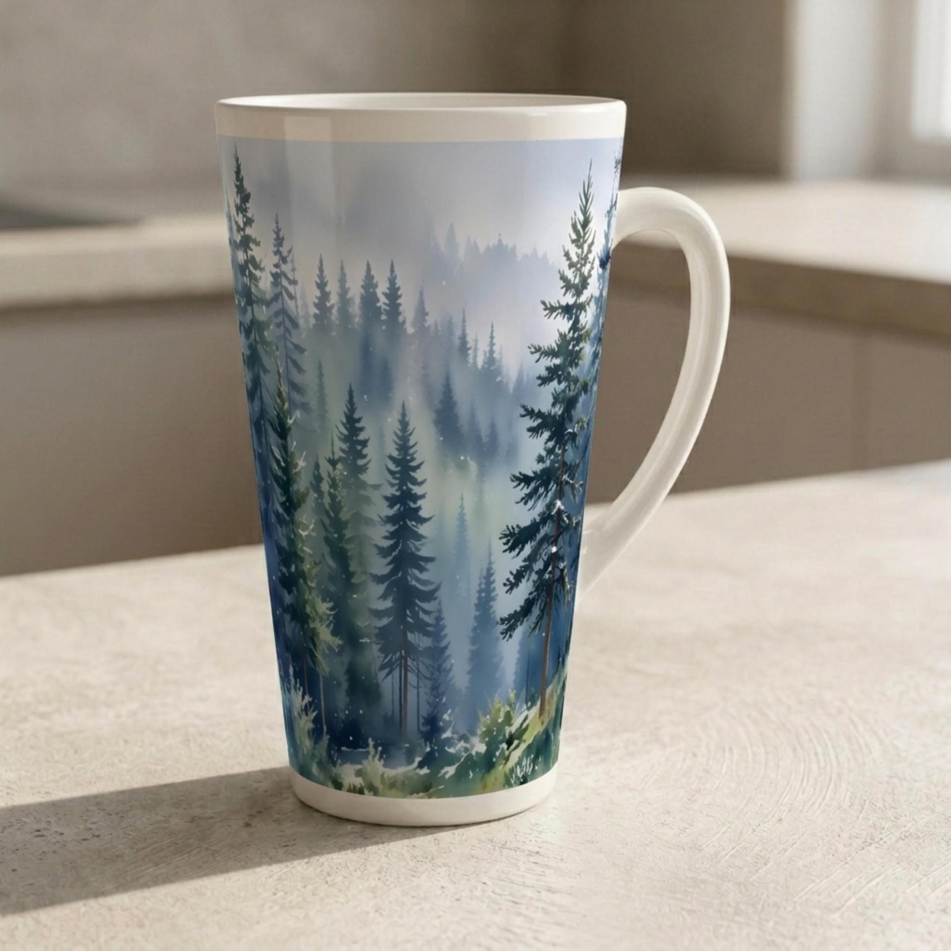 Set of 4 Cups, Forest, Large 17oz Latte Ceramic Mugs - Extra Tall Cup Set