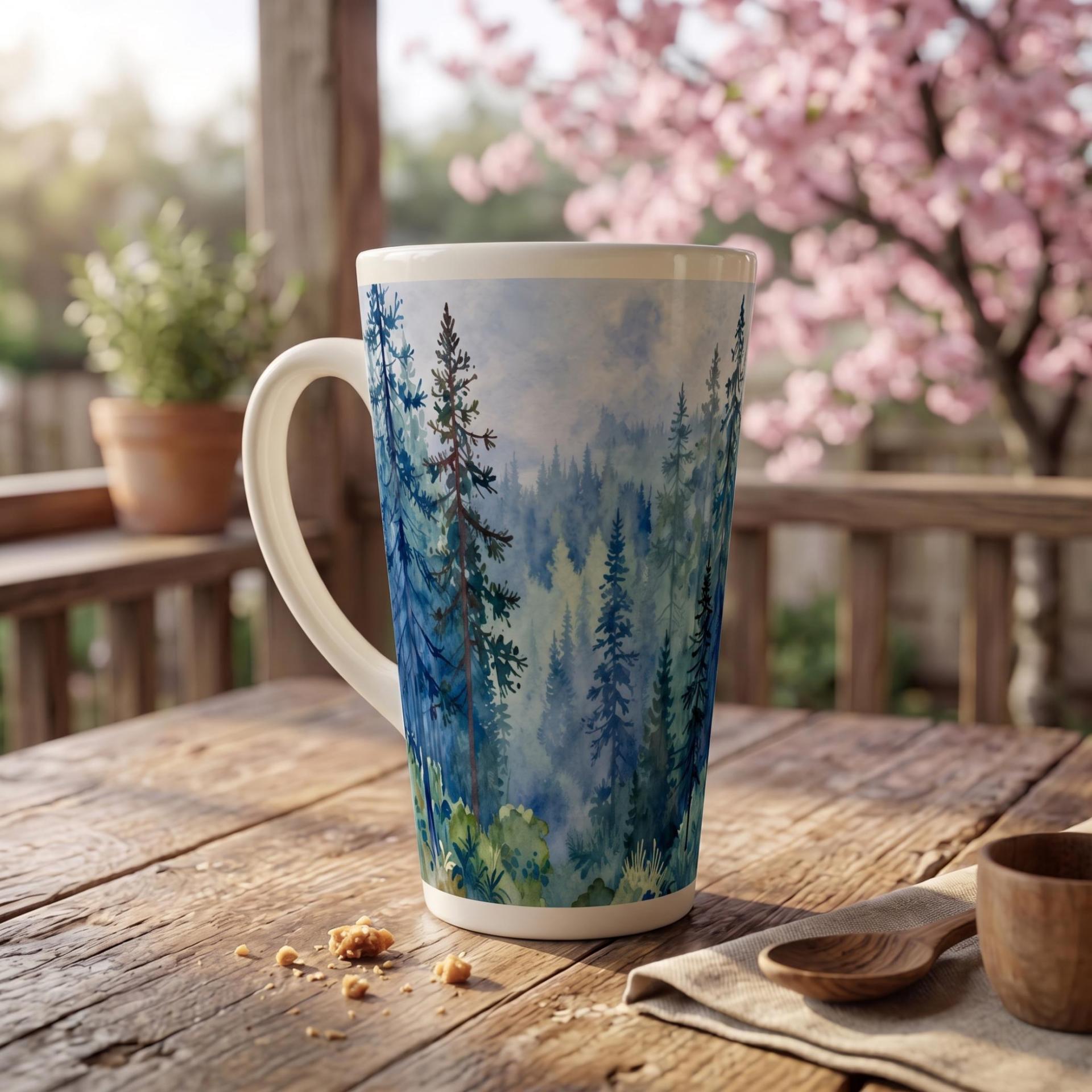 Set of 4 Cups, Forest, Large 17oz Latte Ceramic Mugs - Extra Tall Cup Set