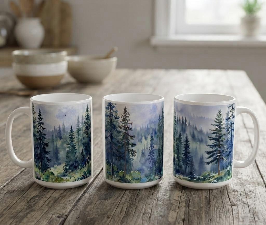 Set of Big Mugs, Forest Cup Set, Large 15 oz Matching Cups