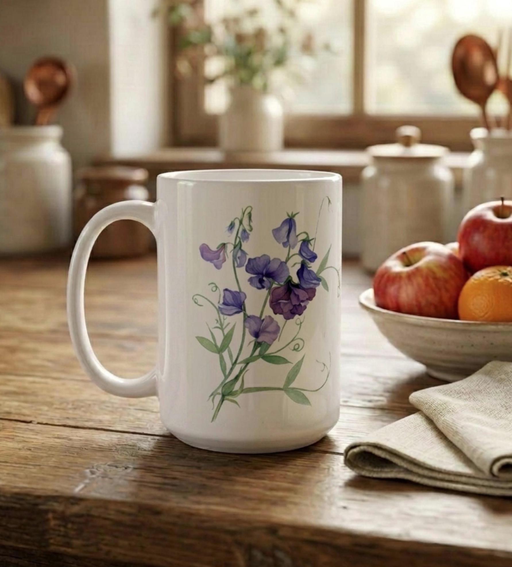 Sweet Pea, Floral Mug set, Large and Small Cups, 11oz or 15oz Ceramic Mugs