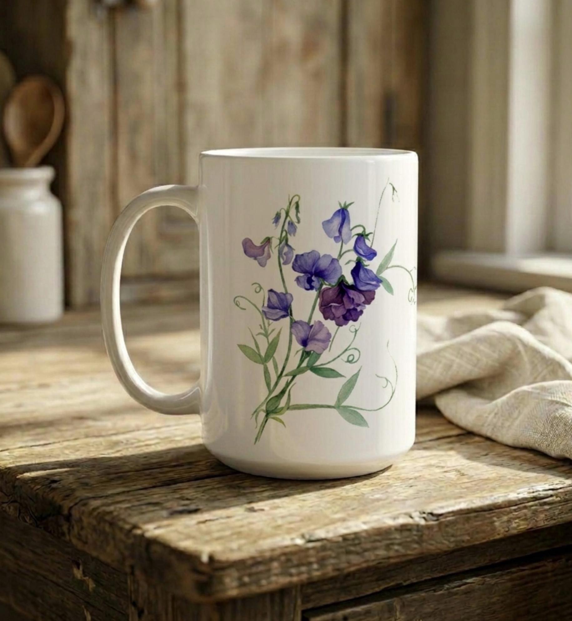Sweet Pea, Floral Mug set, Large and Small Cups, 11oz or 15oz Ceramic Mugs