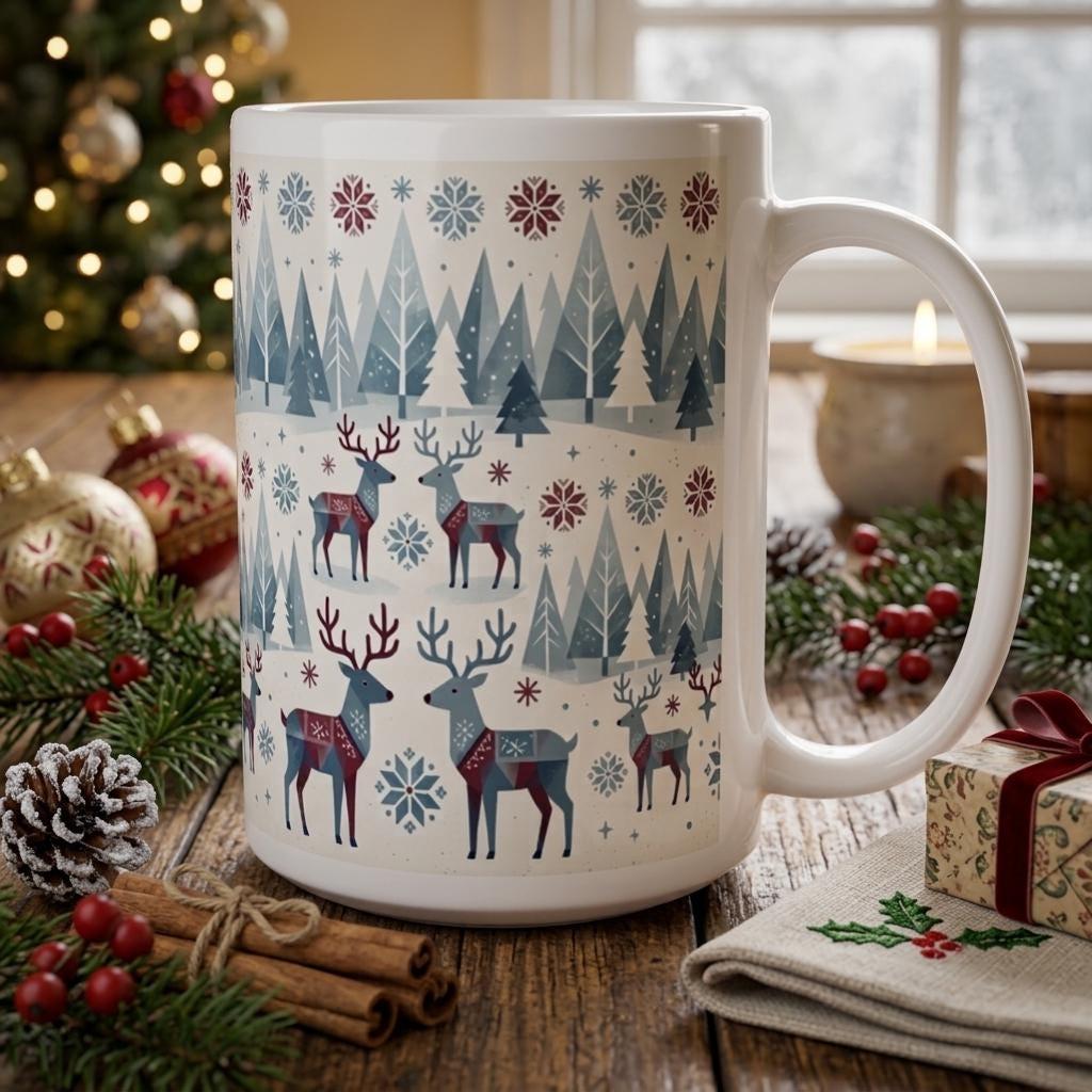 Christmas Mug, Reindeer, Large and Small Mug Set