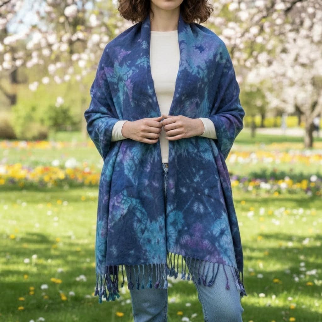 Hand Dyed Tie Dye Pashmina, Blanket Shawl, Wide Scarf, Head Wrap - Rayon Shawl