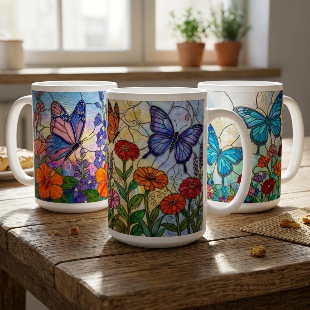 Set of Big Mugs, Butterfly Cup Set, Large 15 oz Matching Cups
