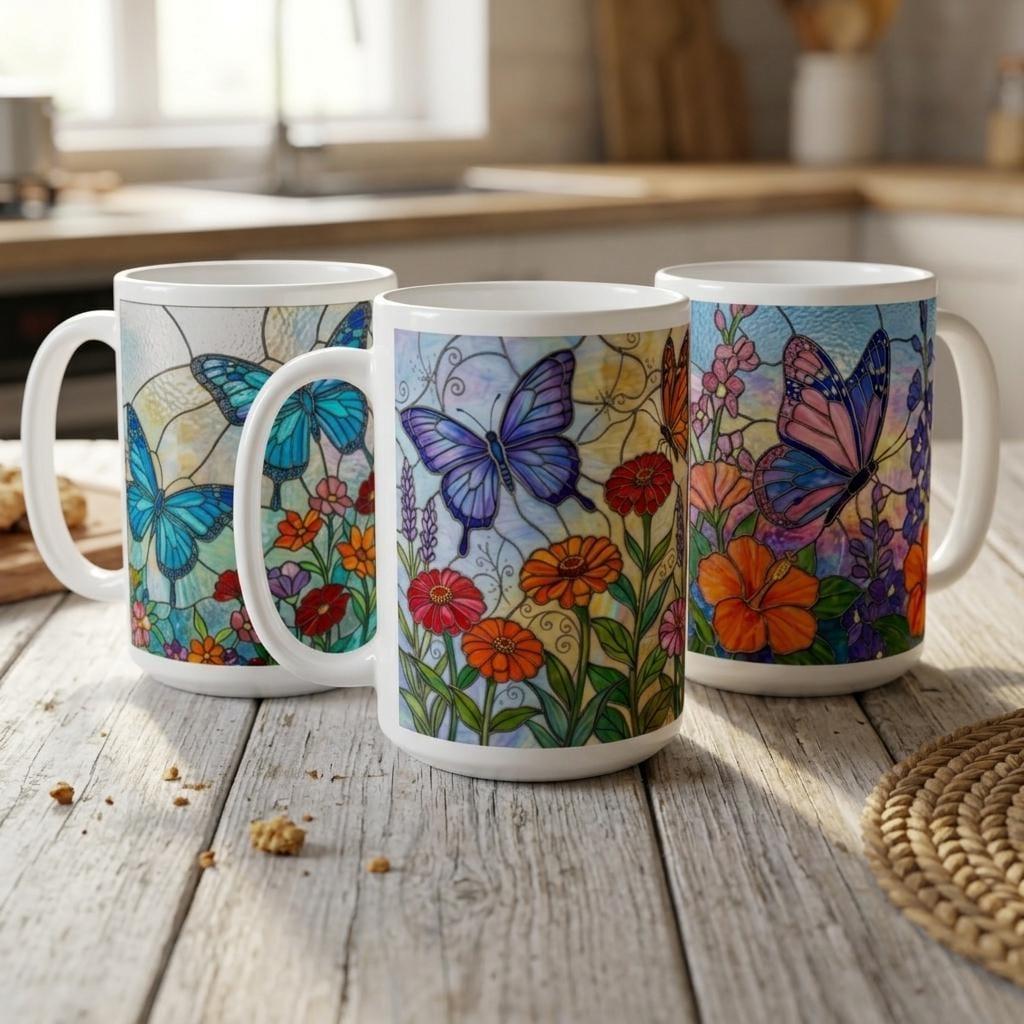 Set of Big Mugs, Butterfly Cup Set, Large 15 oz Matching Cups