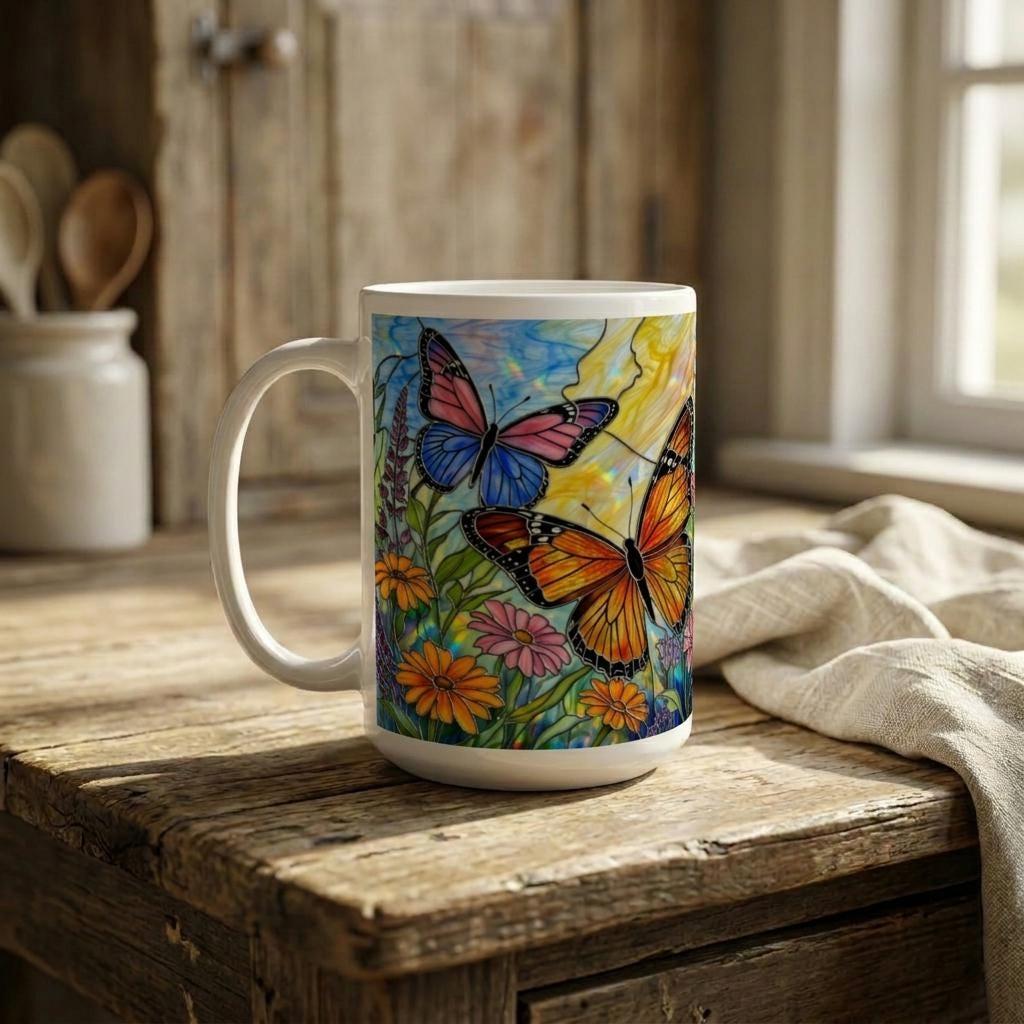 Set of Big Mugs, Butterfly Cup Set, Large 15 oz Matching Cups