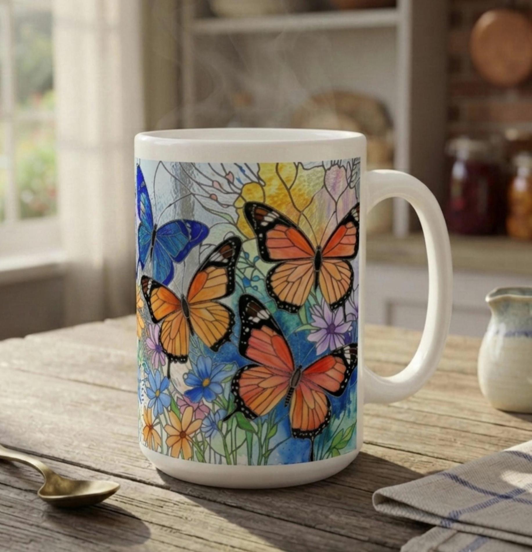 Set of Big Mugs, Butterfly Cup Set, Large 15 oz Matching Cups
