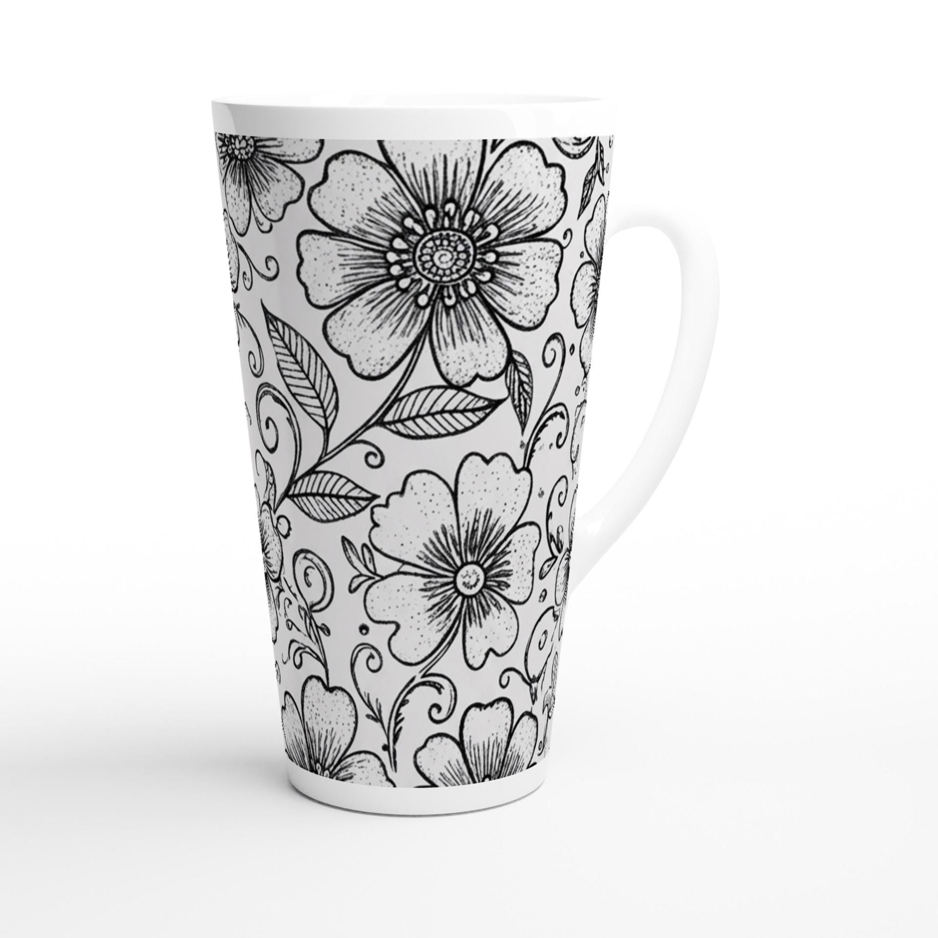 Set of 3 Cups, Floral, Large 17oz Latte Ceramic Mugs - Extra Tall Cup Set