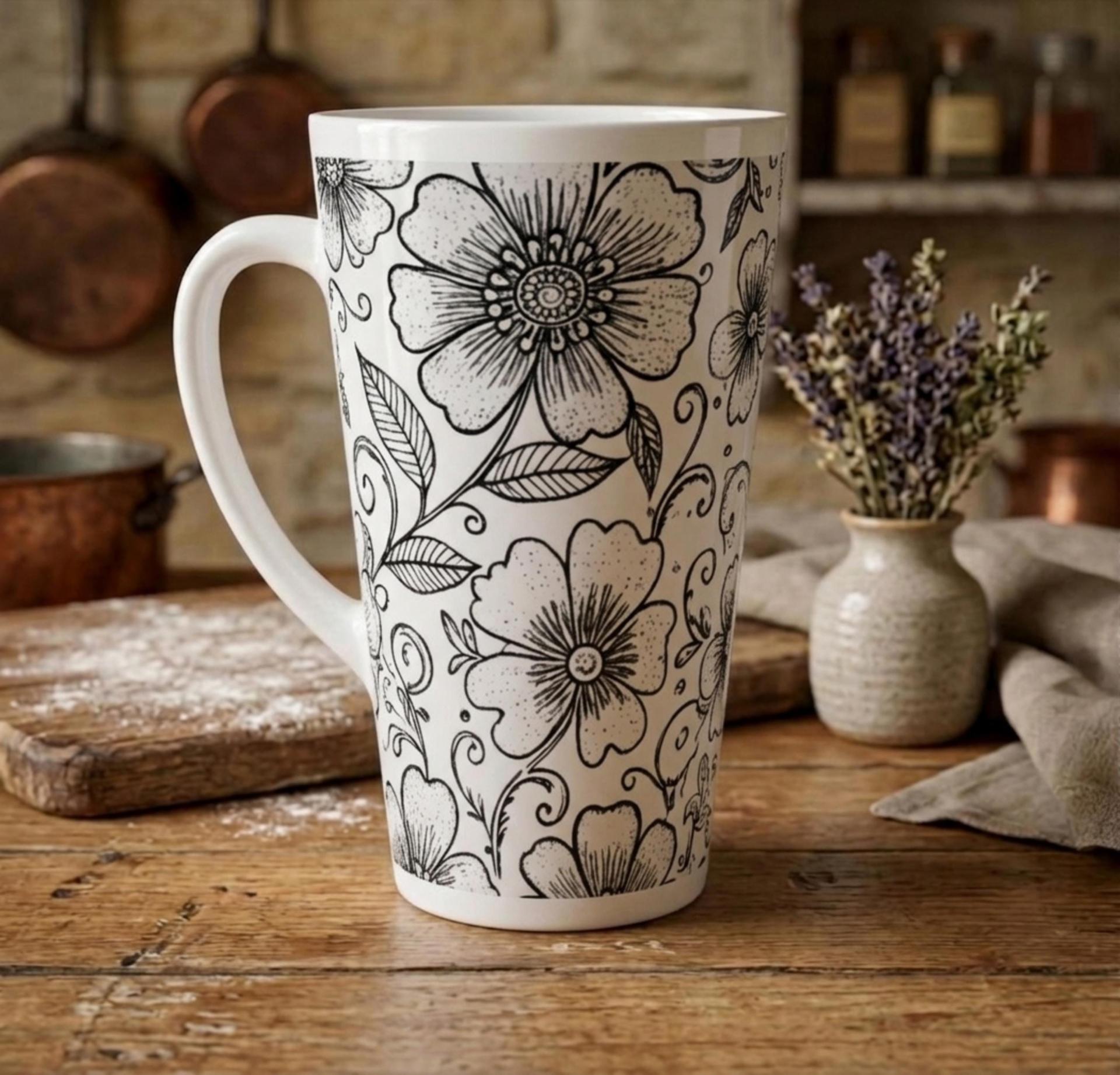 Set of 3 Cups, Floral, Large 17oz Latte Ceramic Mugs - Extra Tall Cup Set