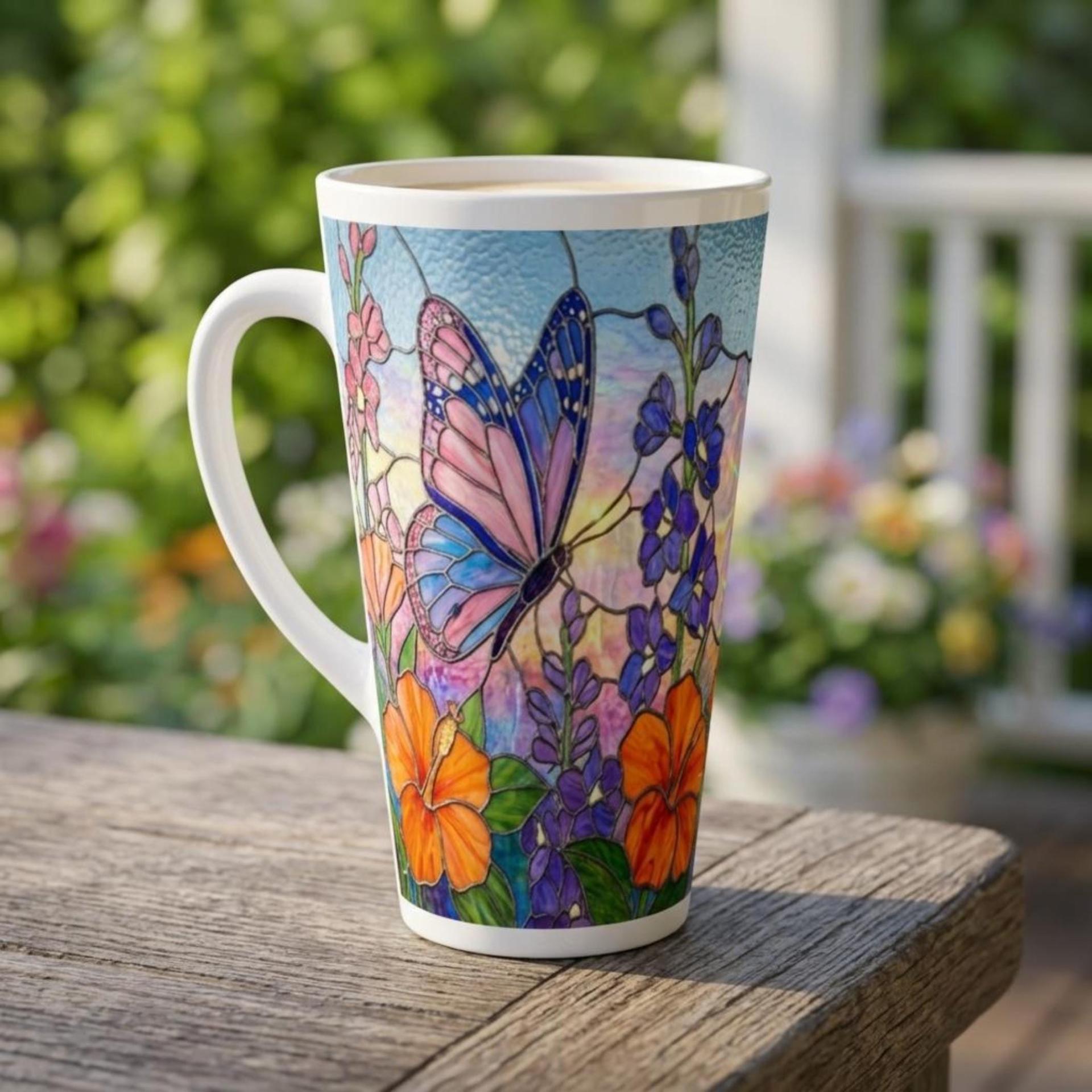 Set of 3 Cups, Butterfly, 17oz Latte Ceramic Mugs Set - Extra Tall Cup Set