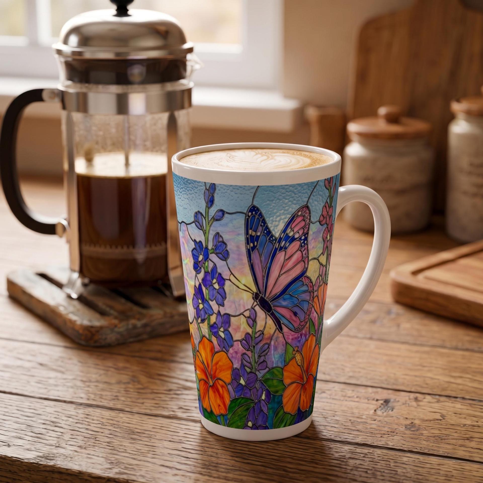 Set of 3 Cups, Butterfly, 17oz Latte Ceramic Mugs Set - Extra Tall Cup Set