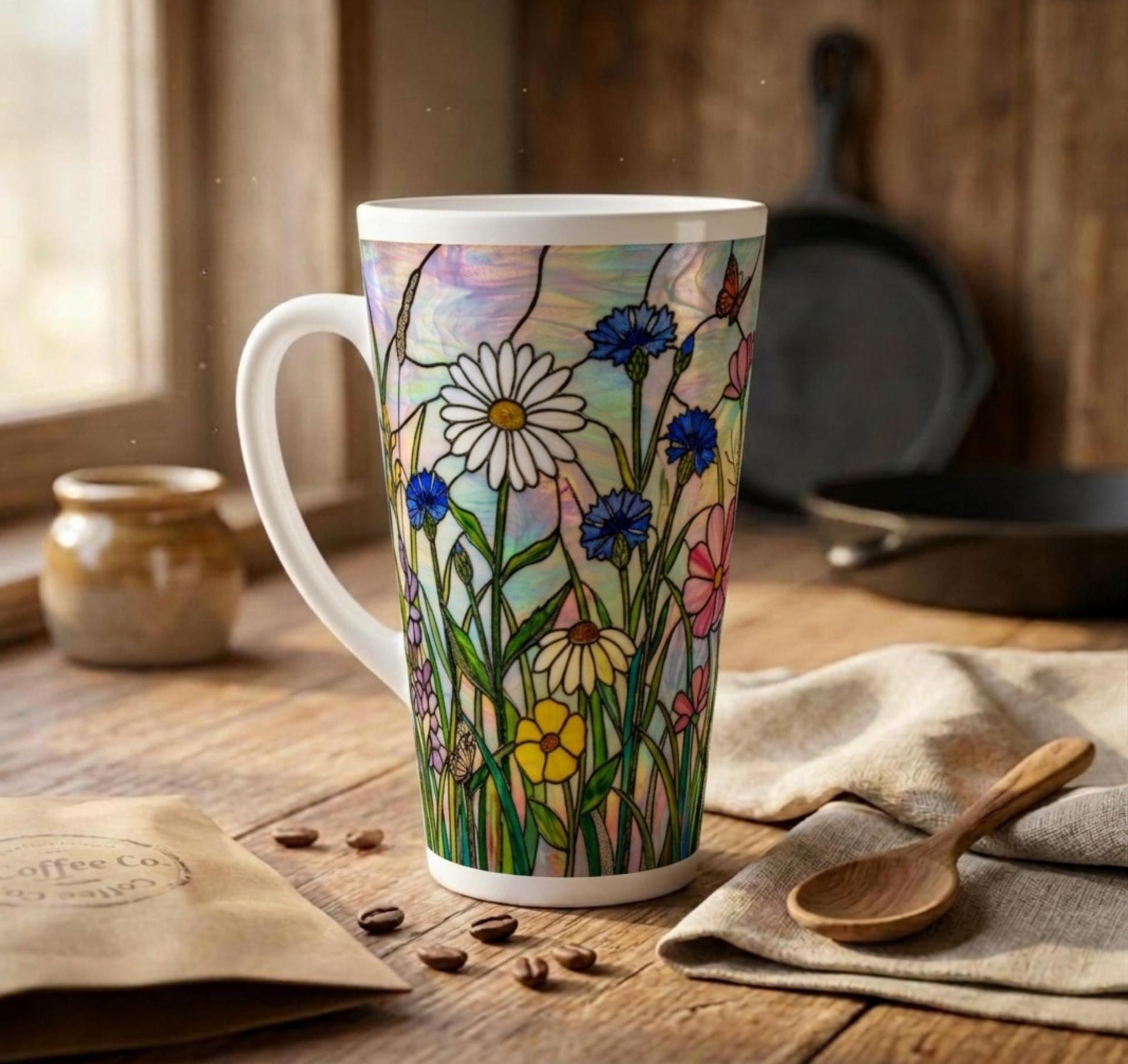 Set of 3 Cups, Floral, Large 17oz Latte Ceramic Mugs - Extra Tall Cup Set