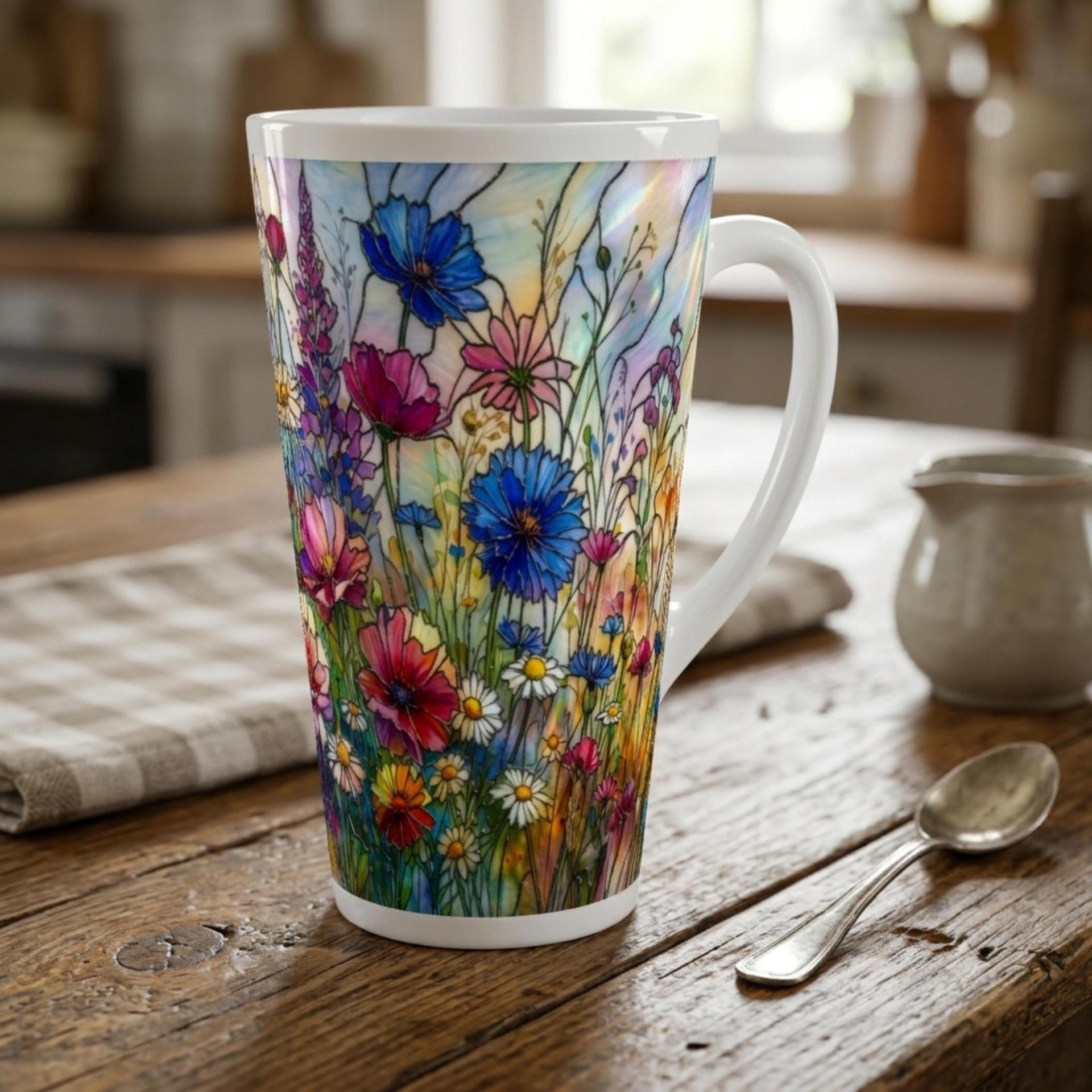 Set of 3 Cups, Floral, Large 17oz Latte Ceramic Mugs - Extra Tall Cup Set