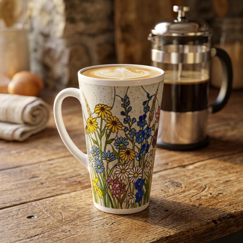 Set of 3 Cups, Floral, Large 17oz Latte Ceramic Mugs - Extra Tall Cup Set