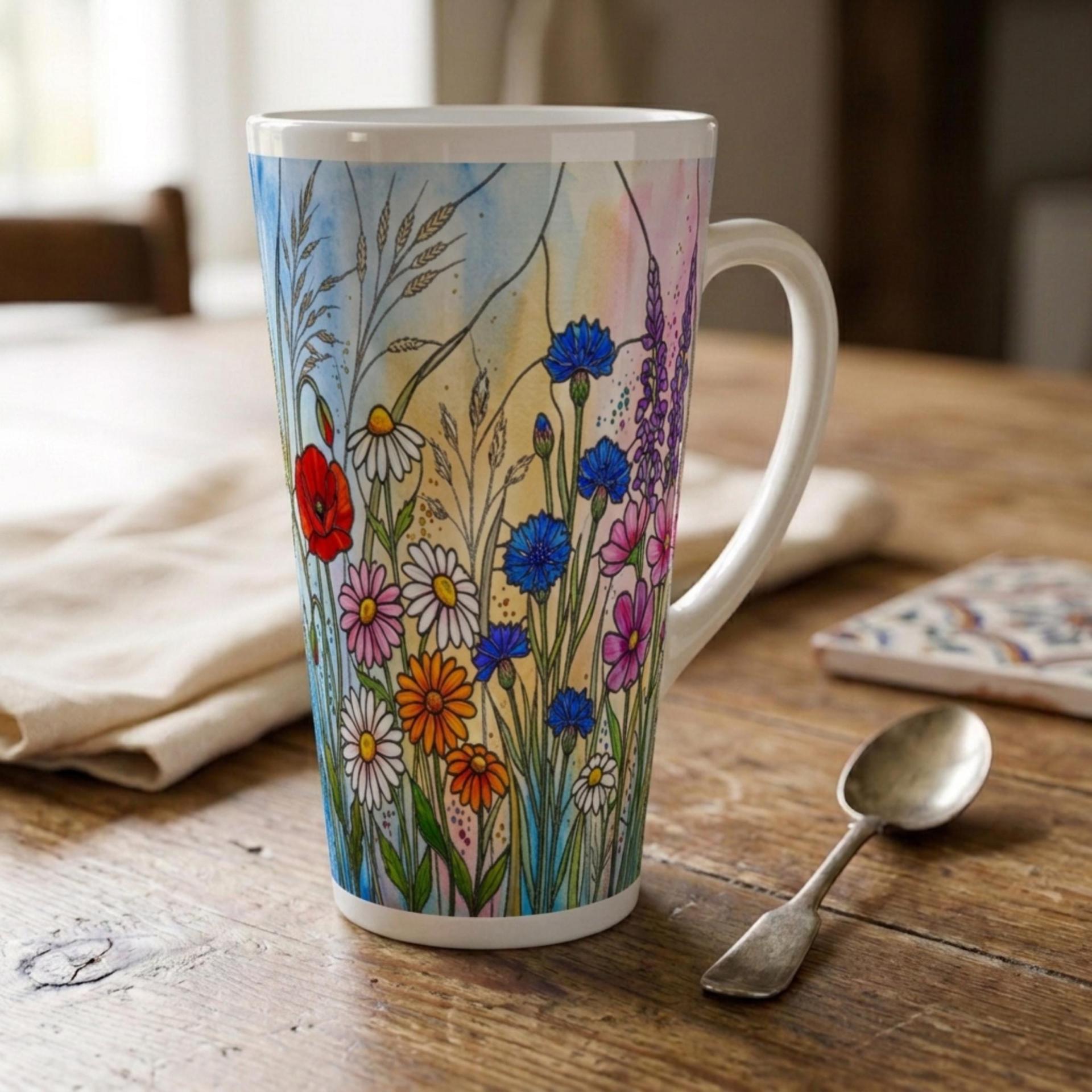 Set of 3 Cups, Floral, Large 17oz Latte Ceramic Mugs - Extra Tall Cup Set
