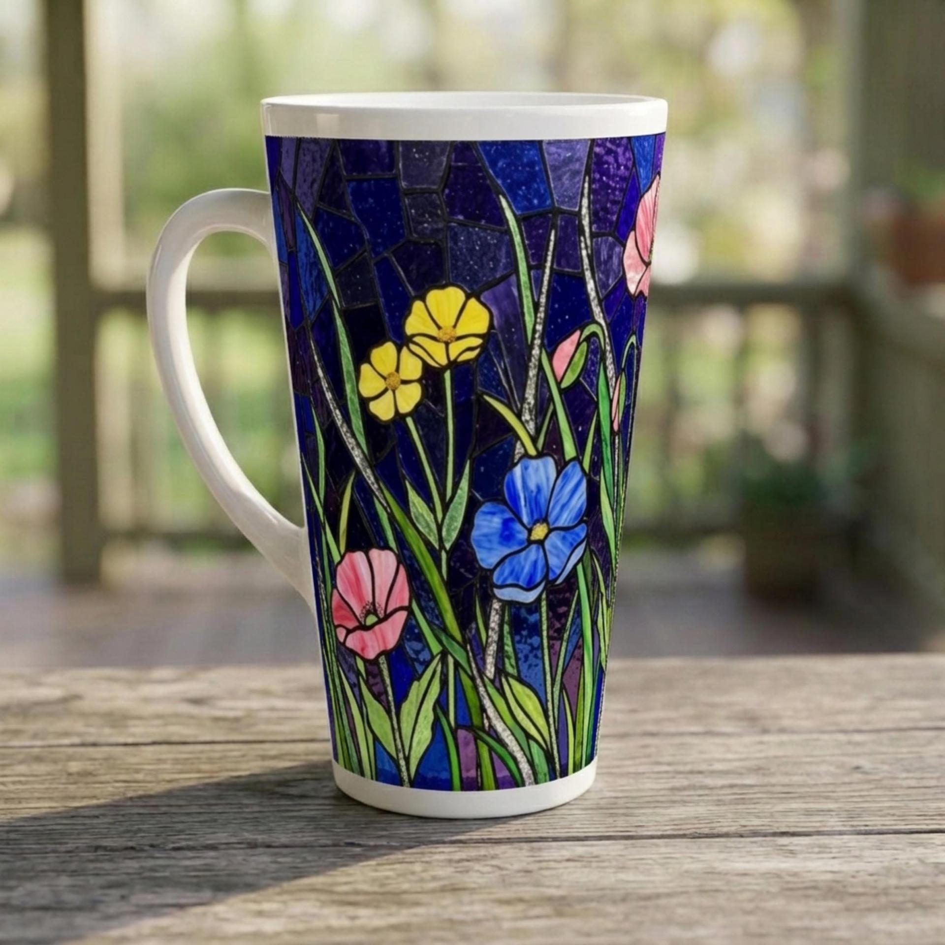 Set of 3 Cups, Floral, Large 17oz Latte Ceramic Mugs - Extra Tall Cup Set