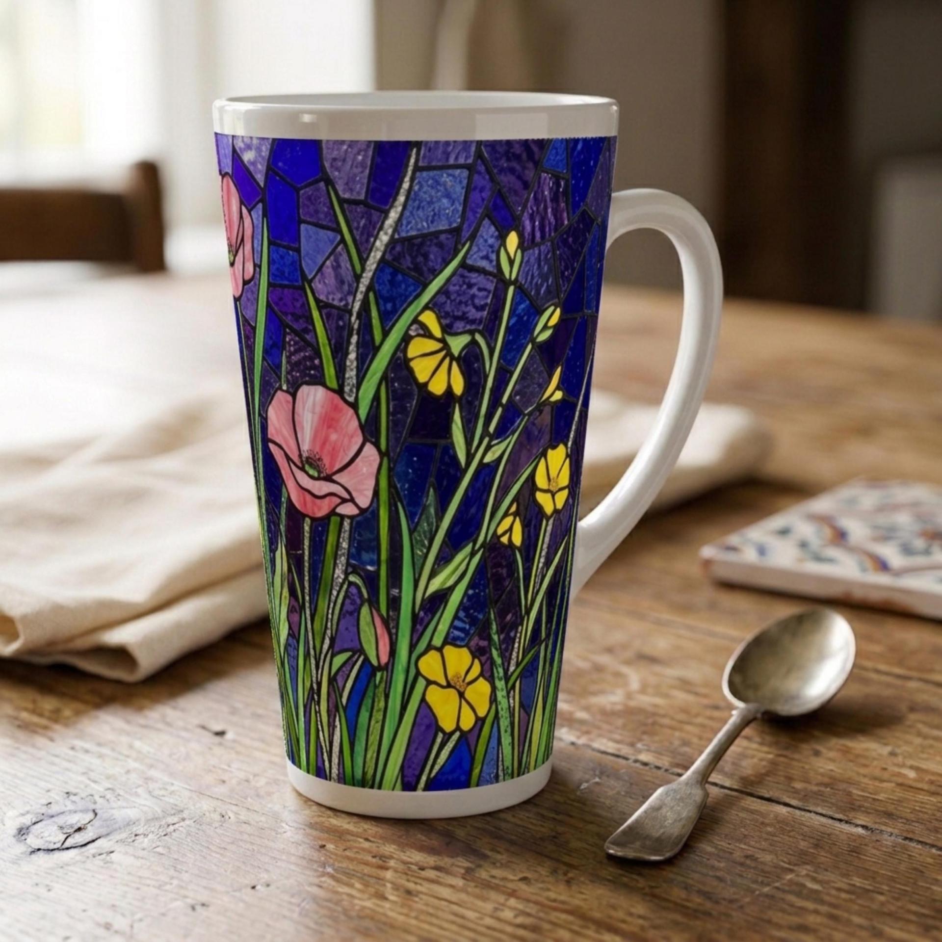Set of 3 Cups, Floral, Large 17oz Latte Ceramic Mugs - Extra Tall Cup Set