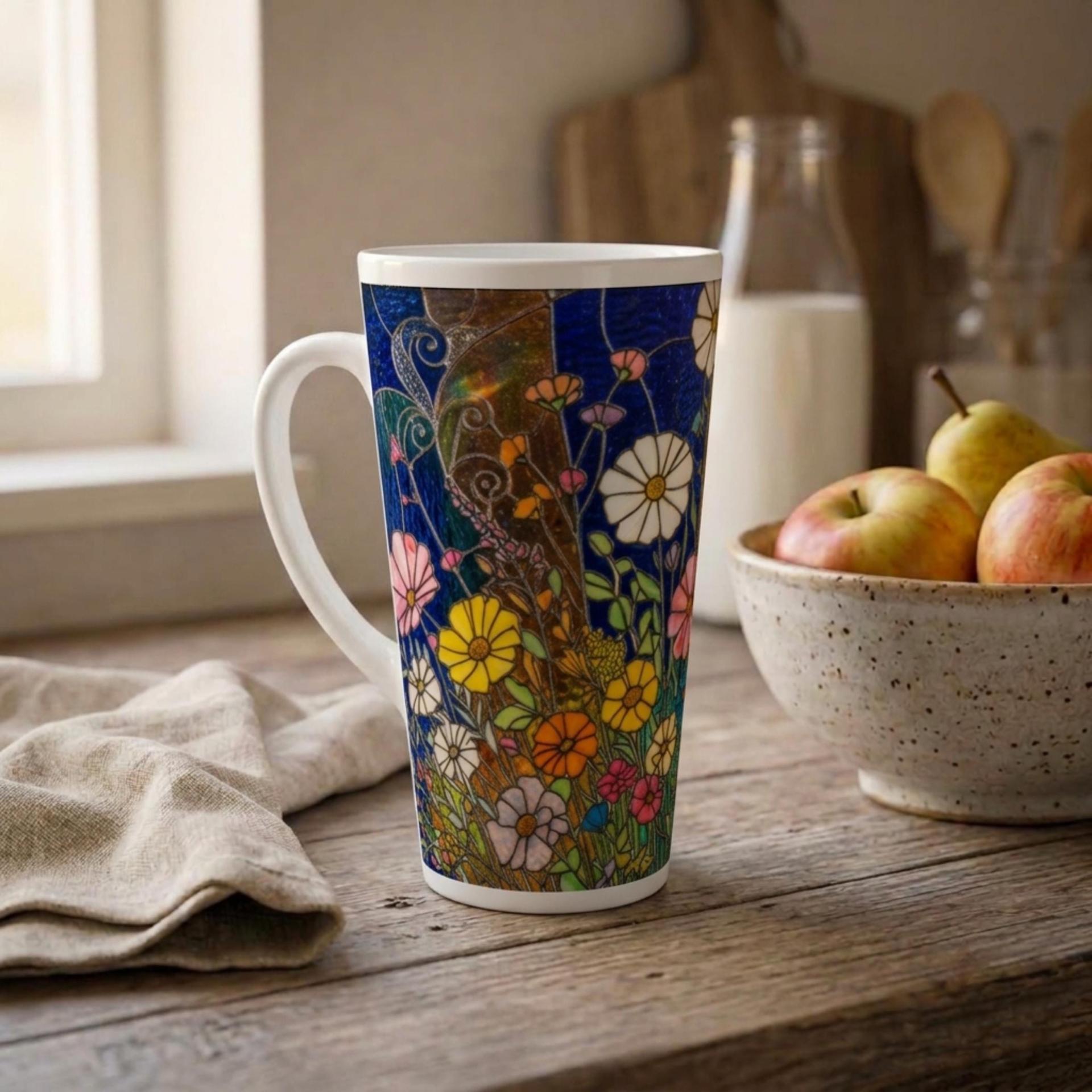 Set of 3 Cups, Floral, Large 17oz Latte Ceramic Mugs - Extra Tall Cup Set