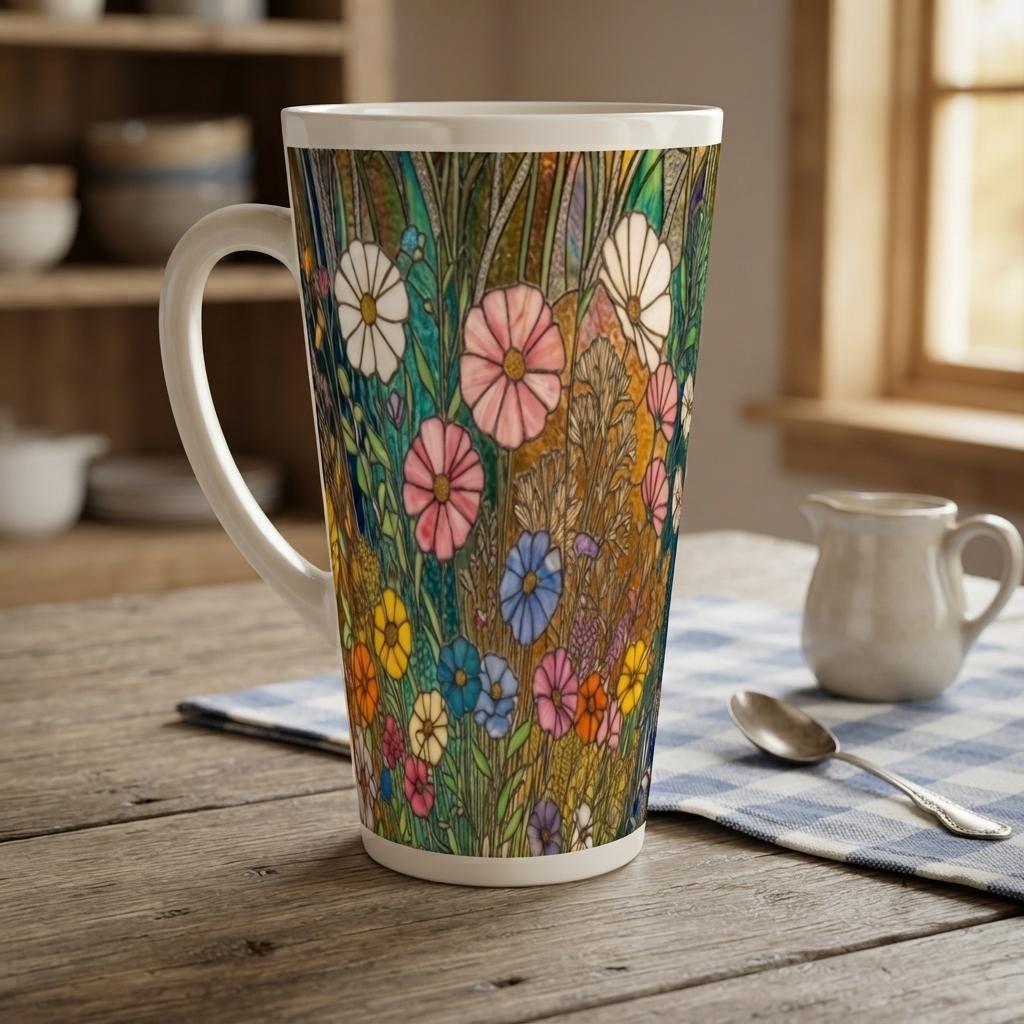 Set of 3 Cups, Floral, Large 17oz Latte Ceramic Mugs - Extra Tall Cup Set