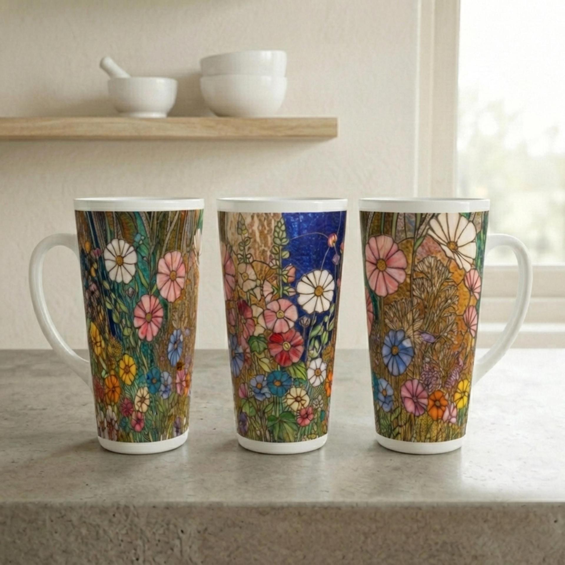 Set of 3 Cups, Floral, Large 17oz Latte Ceramic Mugs - Extra Tall Cup Set