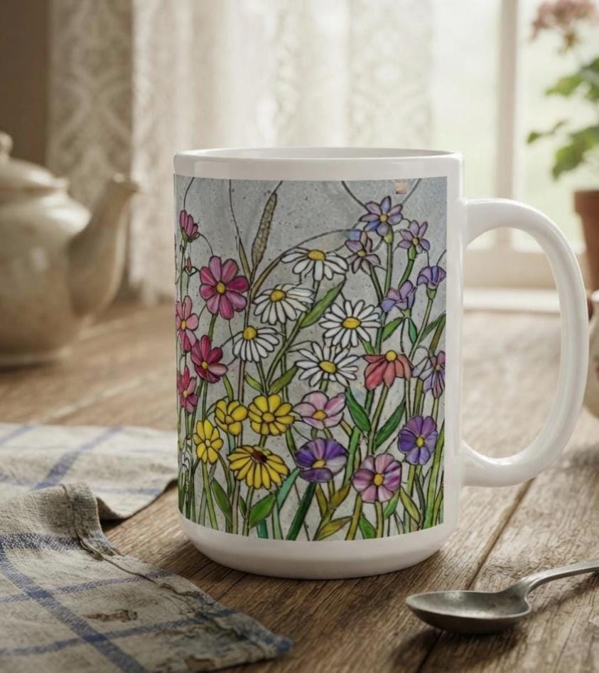 Set of Big Mugs, Floral Cup Set, Large 15 oz Matching Cups