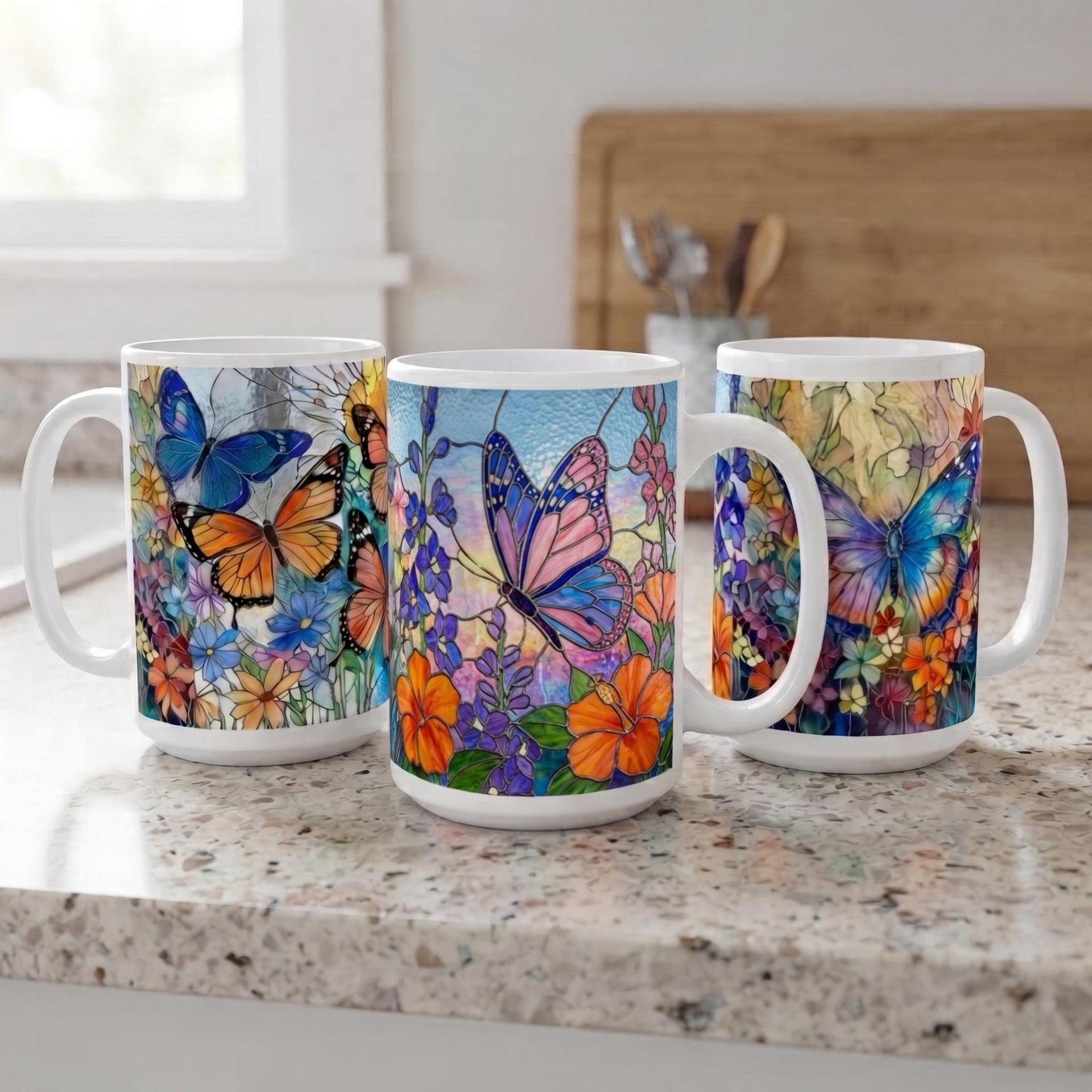 Set of Big Mugs, Butterfly Cup Set, Large 15 oz Matching Cups