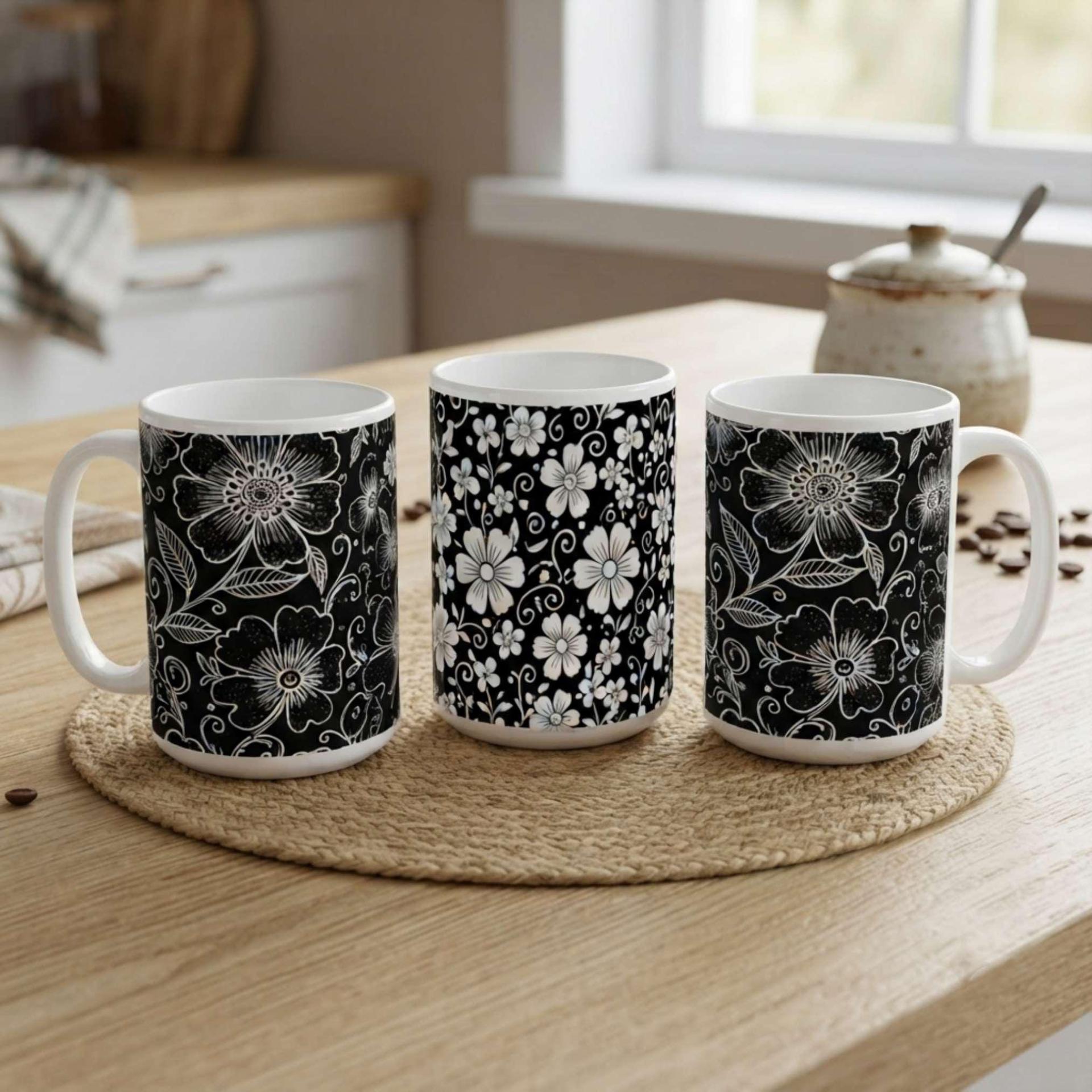 Set of Big Mugs, Floral Cup Set, Large 15 oz Matching Cups