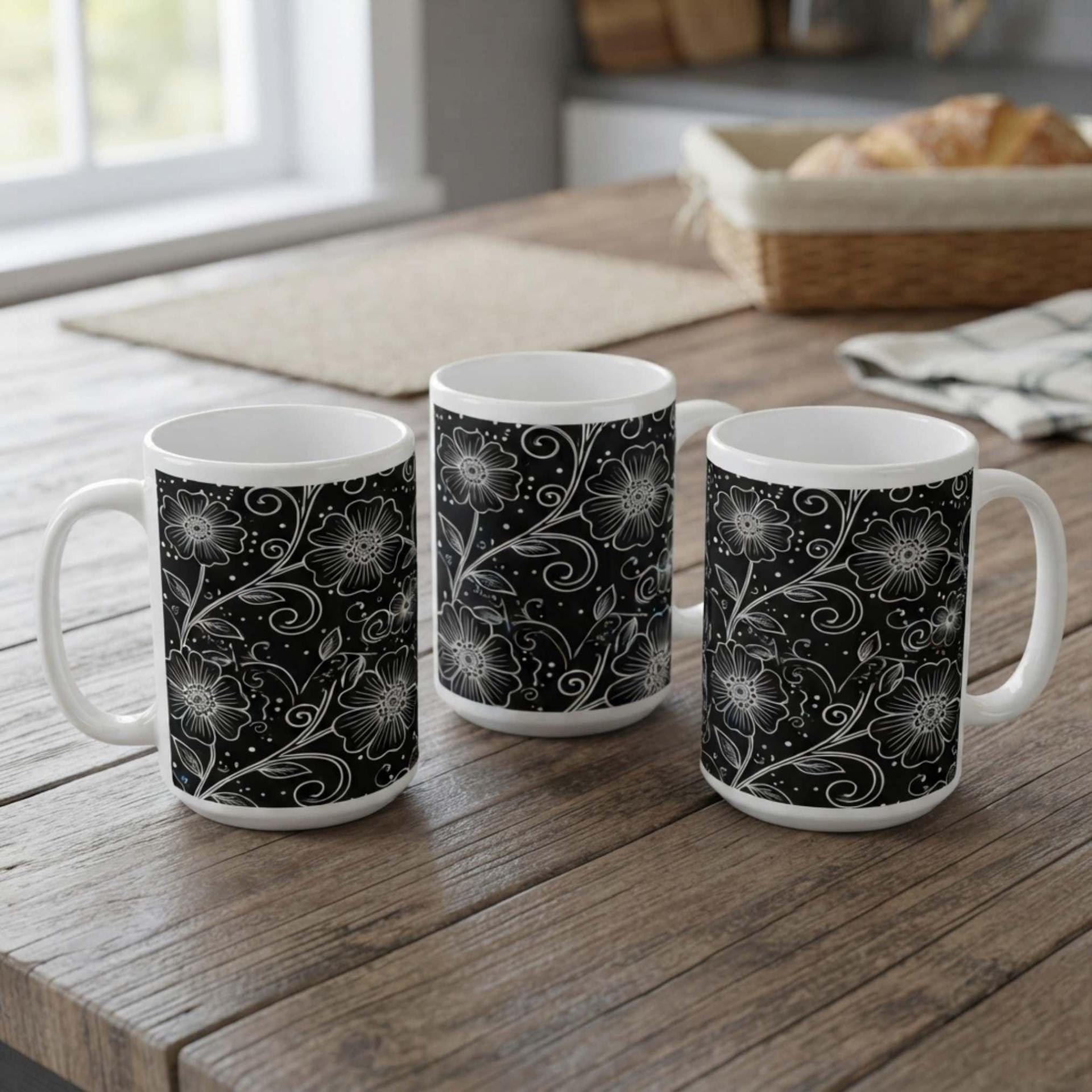 Set of Big Mugs, Floral Cup Set, Large 15 oz Matching Cups